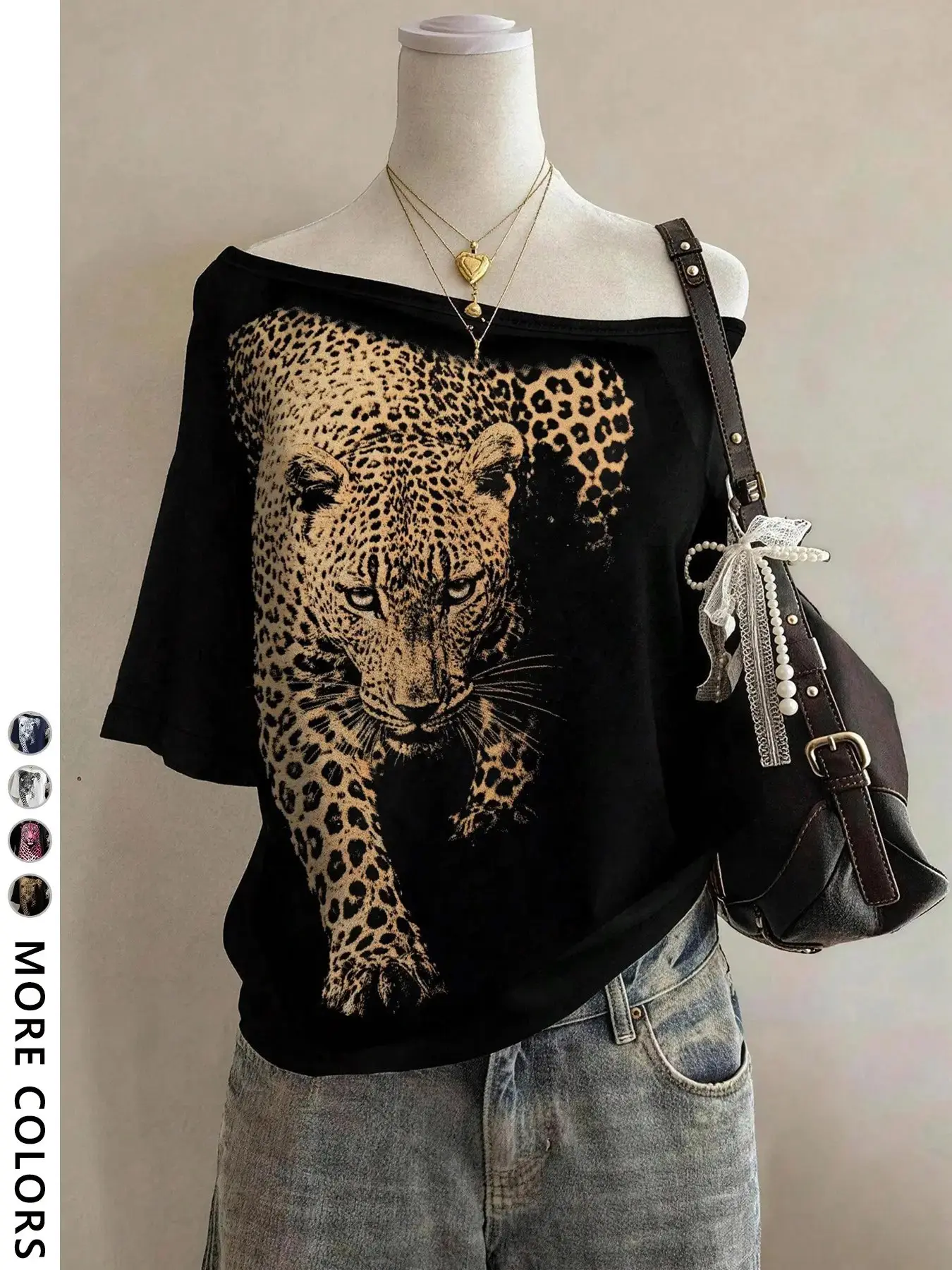 American Vintage Leopard Print One-Shoulder Short Sleeve T-Shirt, Loose Fit Sexy Top, Casual Summer Women's Clothing