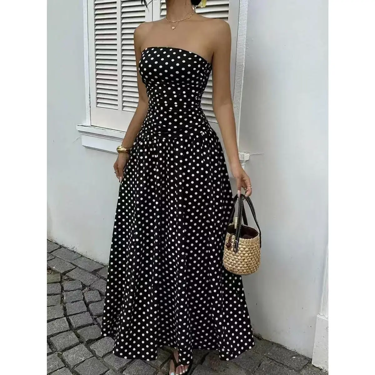 Vacation Must-Have Polka Dot Empire Gown | Flowy Bohemian Dress for Sunset Dinners