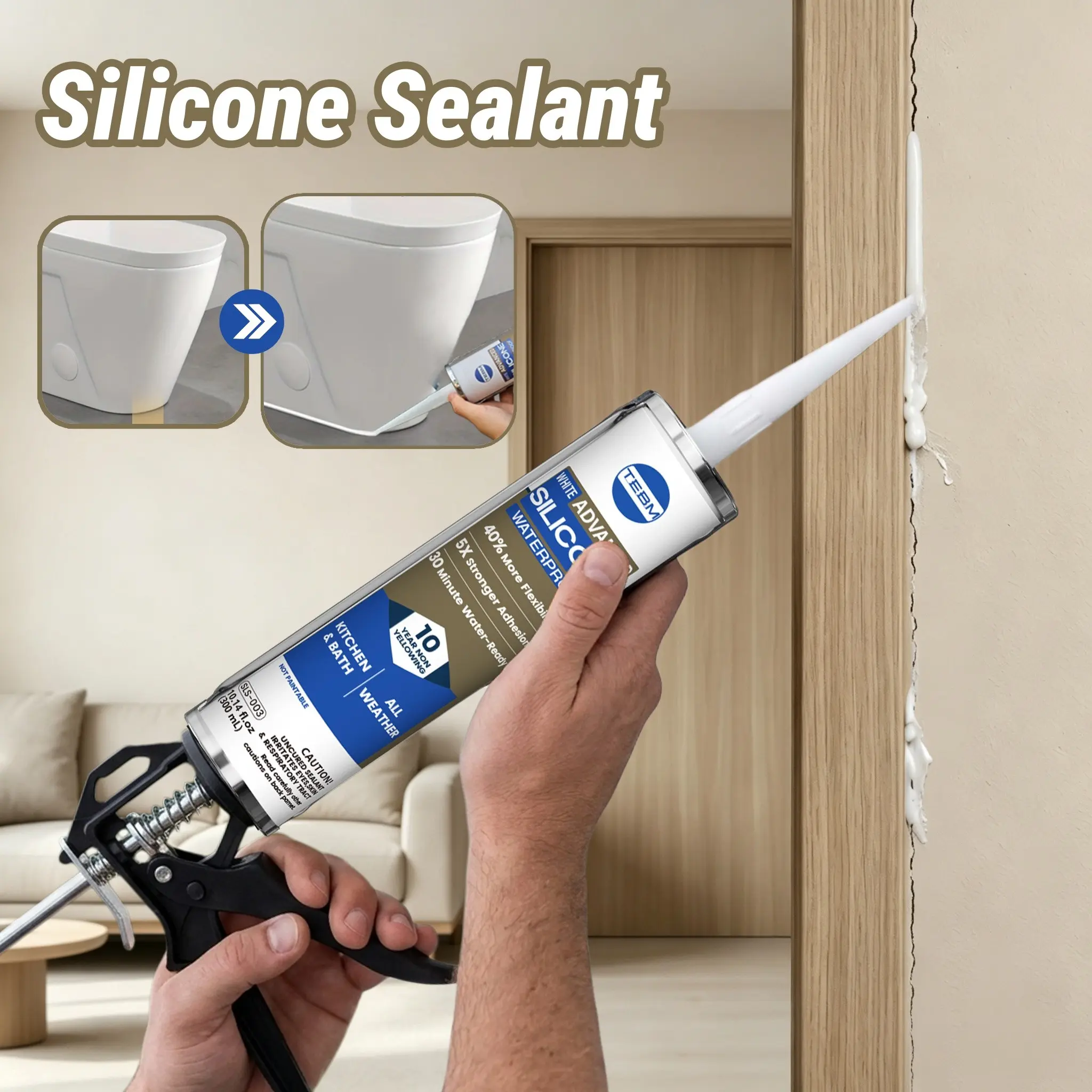 Mold-Free Silicone Sealant, Flexible Glass Caulk for Baseboard, Cabinet, Bathroom Vanity, Kitchen Backsplash, Wall Trim Seam Finishing