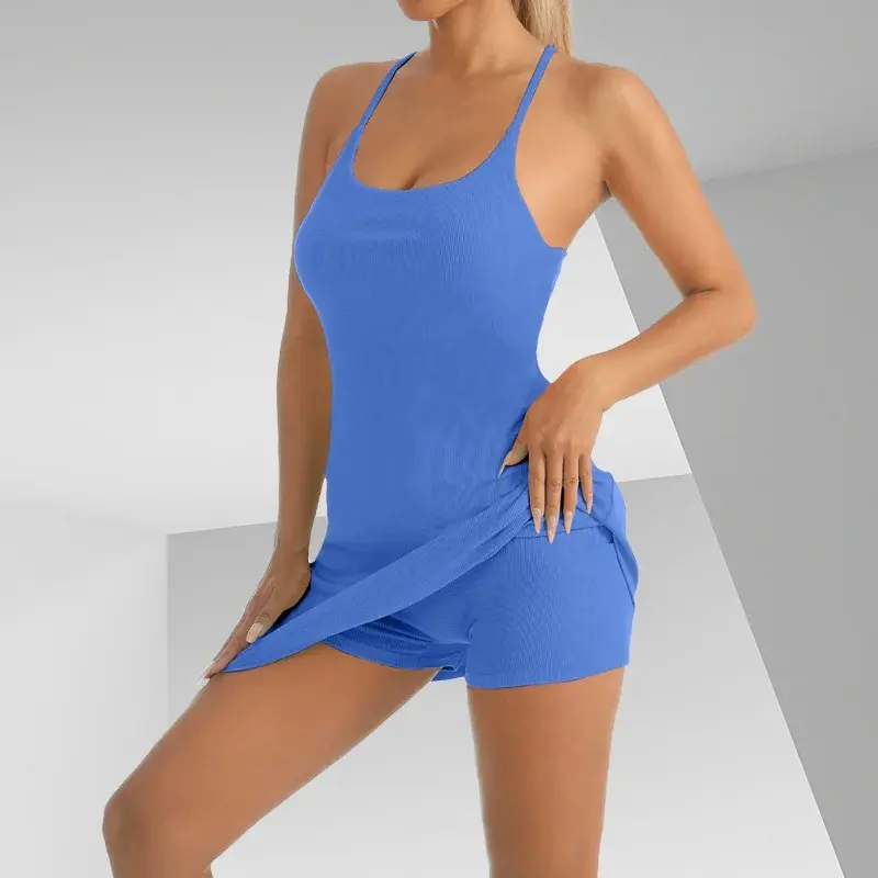 Workout Clothes Gym Fitness Apparel Pickleball Skirts Yoga Side Pockets Sports Jumpsuit Tennis Dress With Built in Shorts