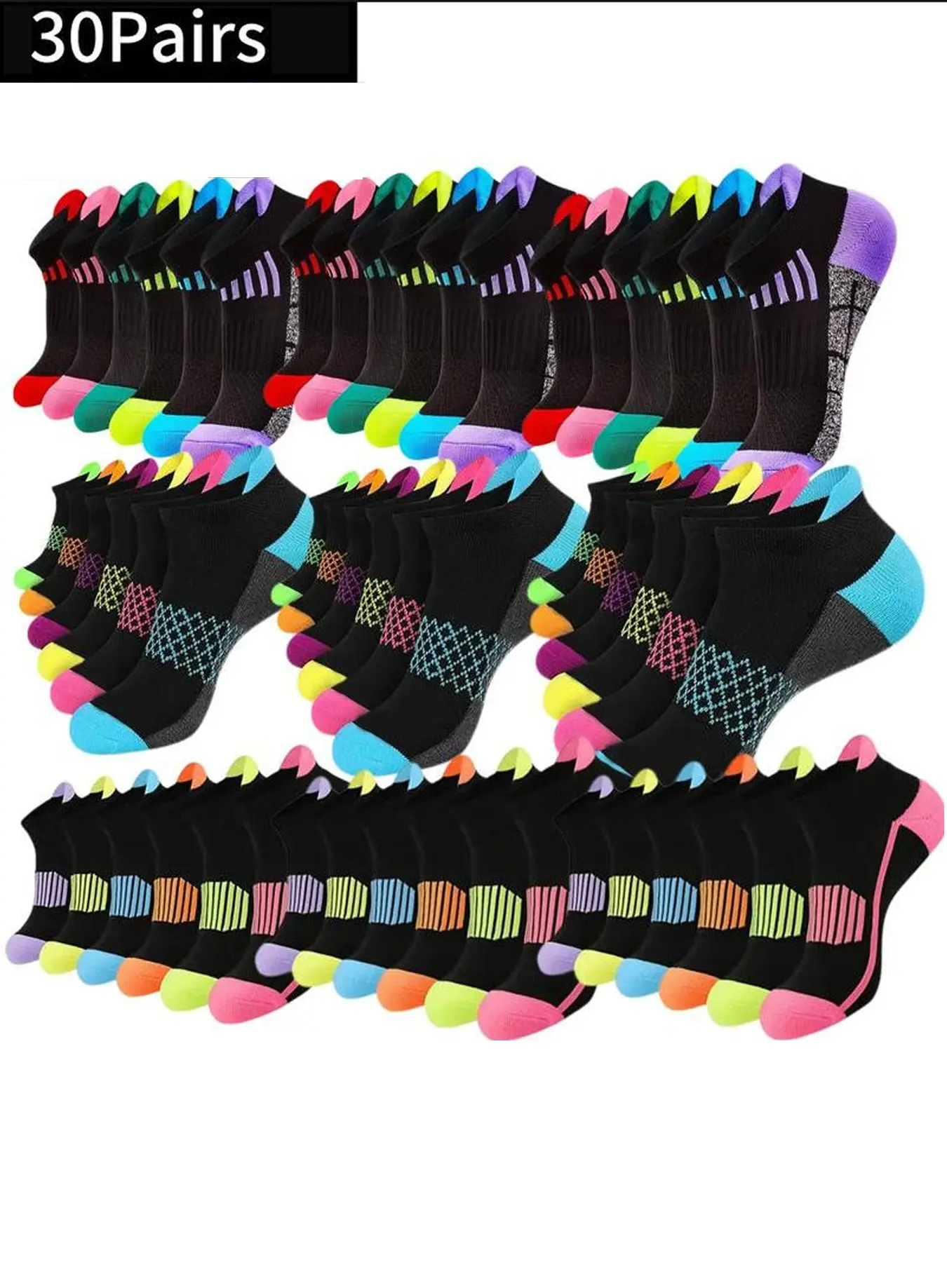 30/20 Pairs Unisex Sport Anti-Slip Athletic Ankle Socks, Colorblocked Breathable Quick-Dry Summer Crew Socks, Non Slip Socks, Ideal for Basketball & Running