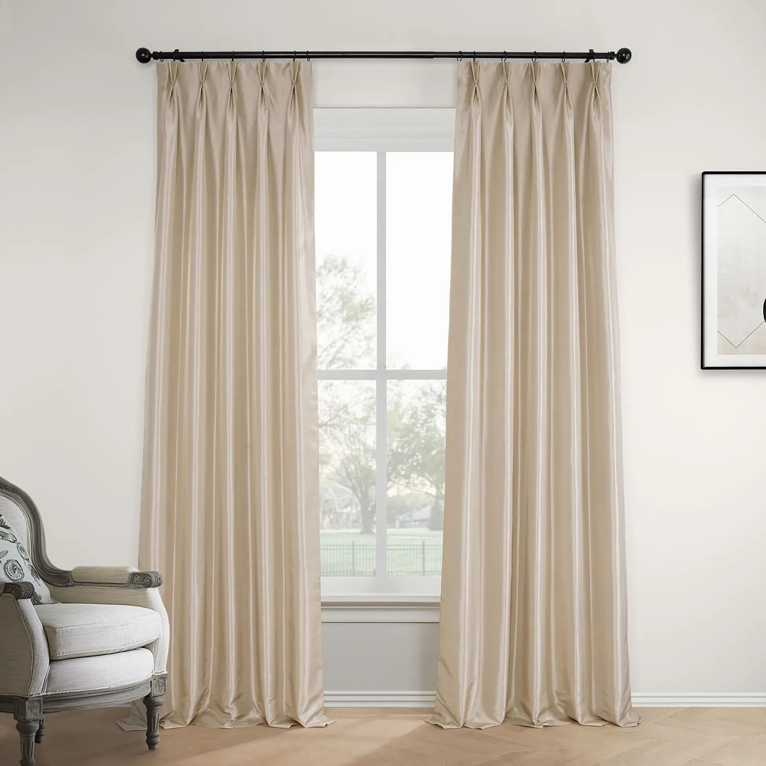Faux Silk Taffeta Blackout Curtains for Bedroom 84 Inches Long (1 Panel), 25W x 84L Pleated Curtains for Living Room  Decor, Antique Beige