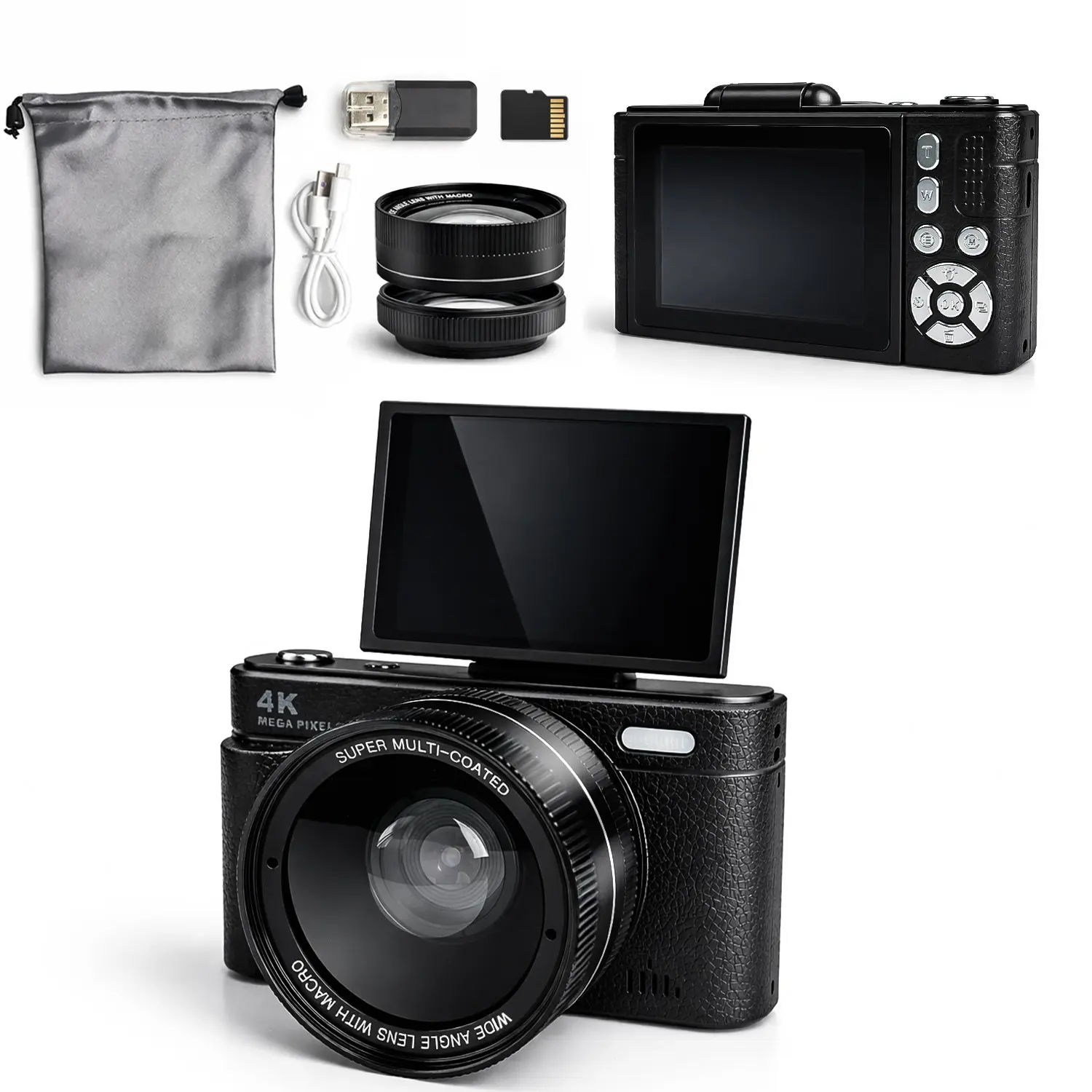Digital camera with autofocus function, featuring a detachable high-definition wide-angle lens, 16x zoom, equipped with a memory card, suitable for short video shooting and travel, Vlogging Camera