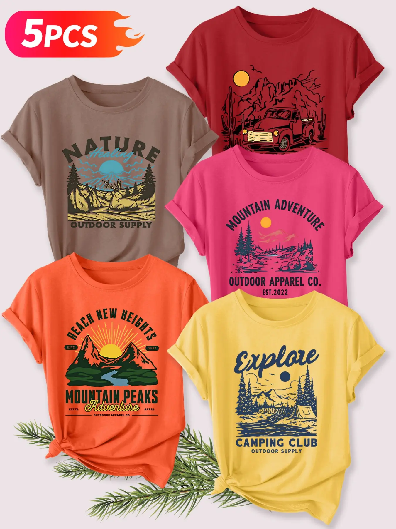 5Pcs Women Crew Neck T-Shirt, Mountain Camping Hiking Retro Outdoor Print, Multi-color Available, Machine Washable, Soft Skin-friendly Spring Summer Daily Casual Stylish Top