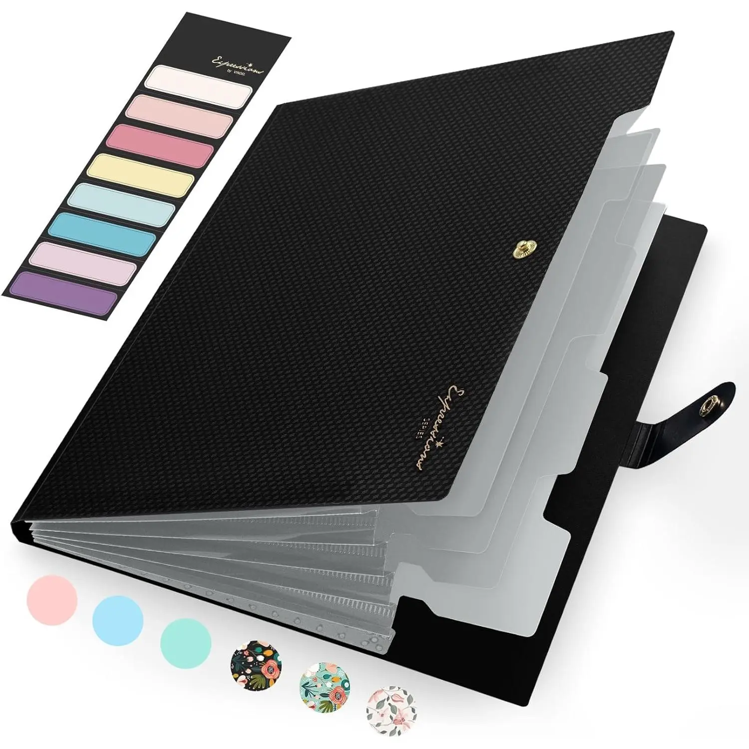 8 Pocket Accordion File Organizer, Expanding File Folder with Labels, A4 Document Organizer for Home Office School Supplies, Receipt Paper Storage Folder, Black & Pink Colors