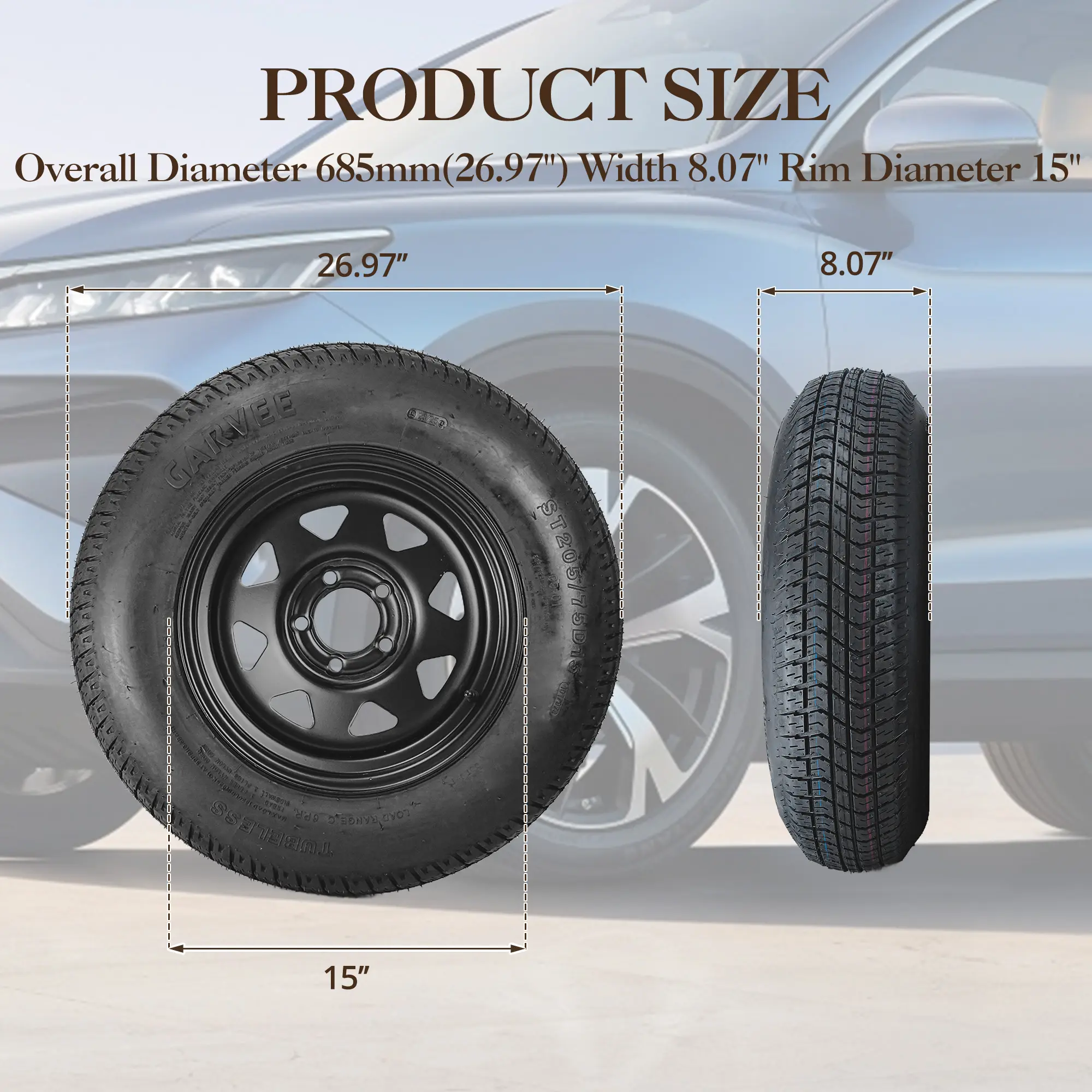 2-Pack Trailer Tire & Wheel - Heavy-Duty ST175/80D13/ST205/75D14/ ST205/75D15 Trailer Tires with 13"/14"/15" Black Rims, 5 Lug on 4.5" PCD, Load Range C 6PR, for Utility, Boat, Camper & Cargo Trailers