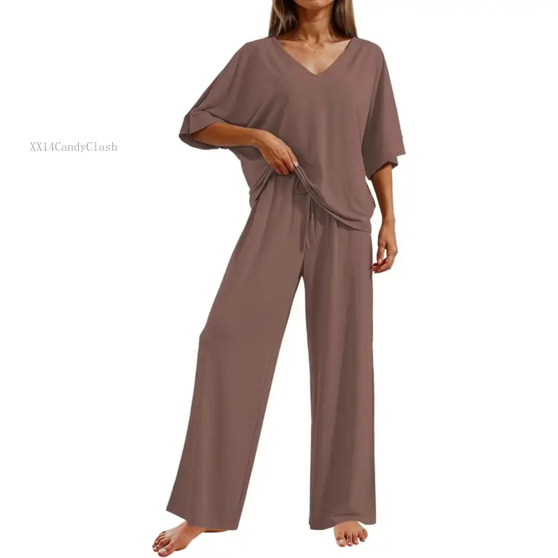 Women's 2-Piece Basic Casual Pyjama Set - Short Sleeve Top, Long Pants, Soft Comfy Loungewear Pajamas, Pyjama SetsXX14CandyClash