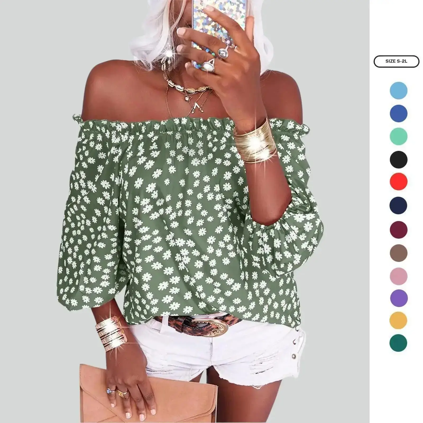 Imily Bela Womens Summer Off Shoulder Blouse Floral Print 3/4 Sleeve Casual Chiffon Tops Shirts PY1431 Imily Bela Womens Summer Off Shoulder Blouse Floral Print 3/4 Sleeve Casual Chiffon Tops Shirts PY1431