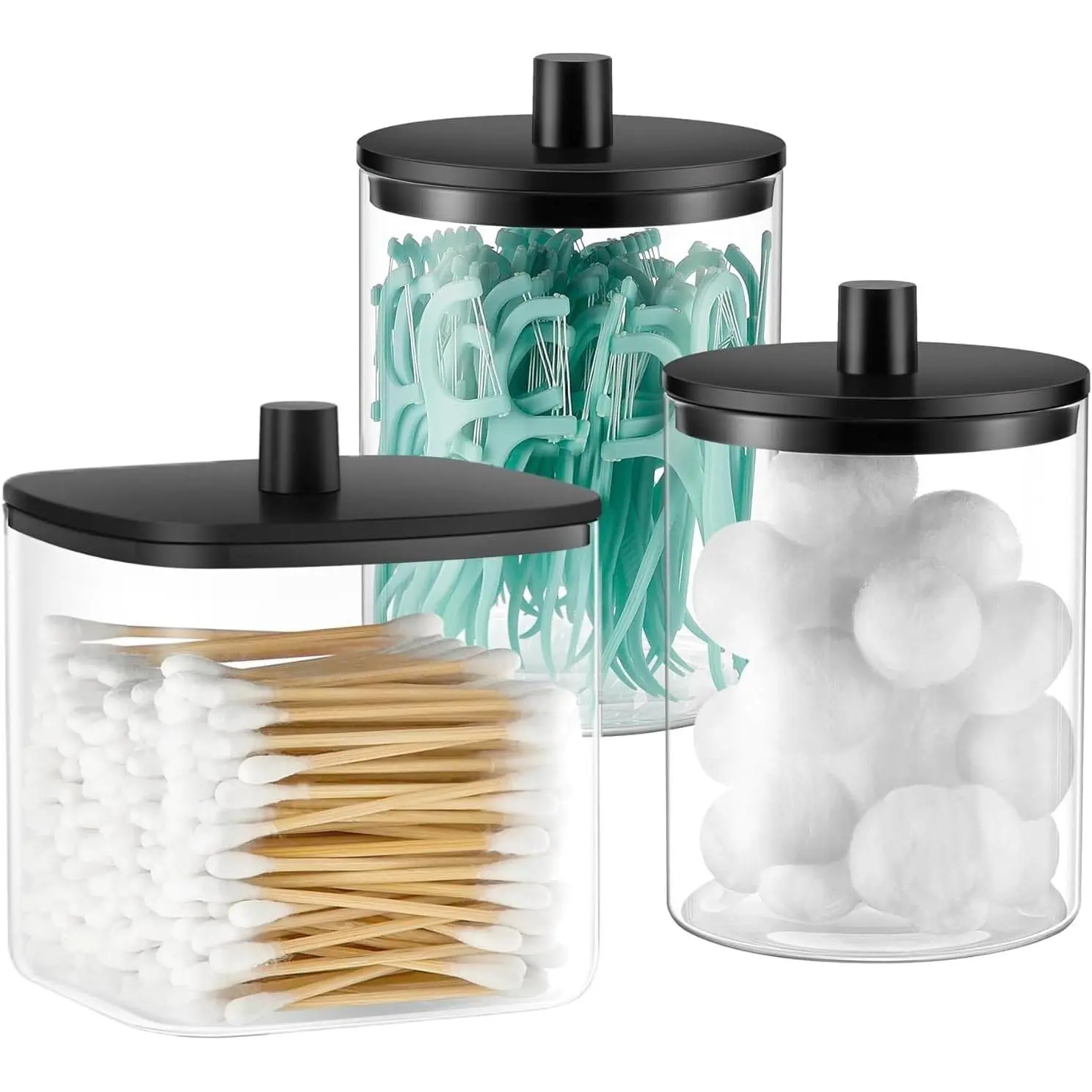 3 Pack Glass Qtip Holder Dispenser- 10 oz Clear Canister Apothecary Jar, Bathroom Vanity Storage Organizer Set for Cotton Swabs, Pads, Floss Picks, Small Containers for Makeup Storage (Black)