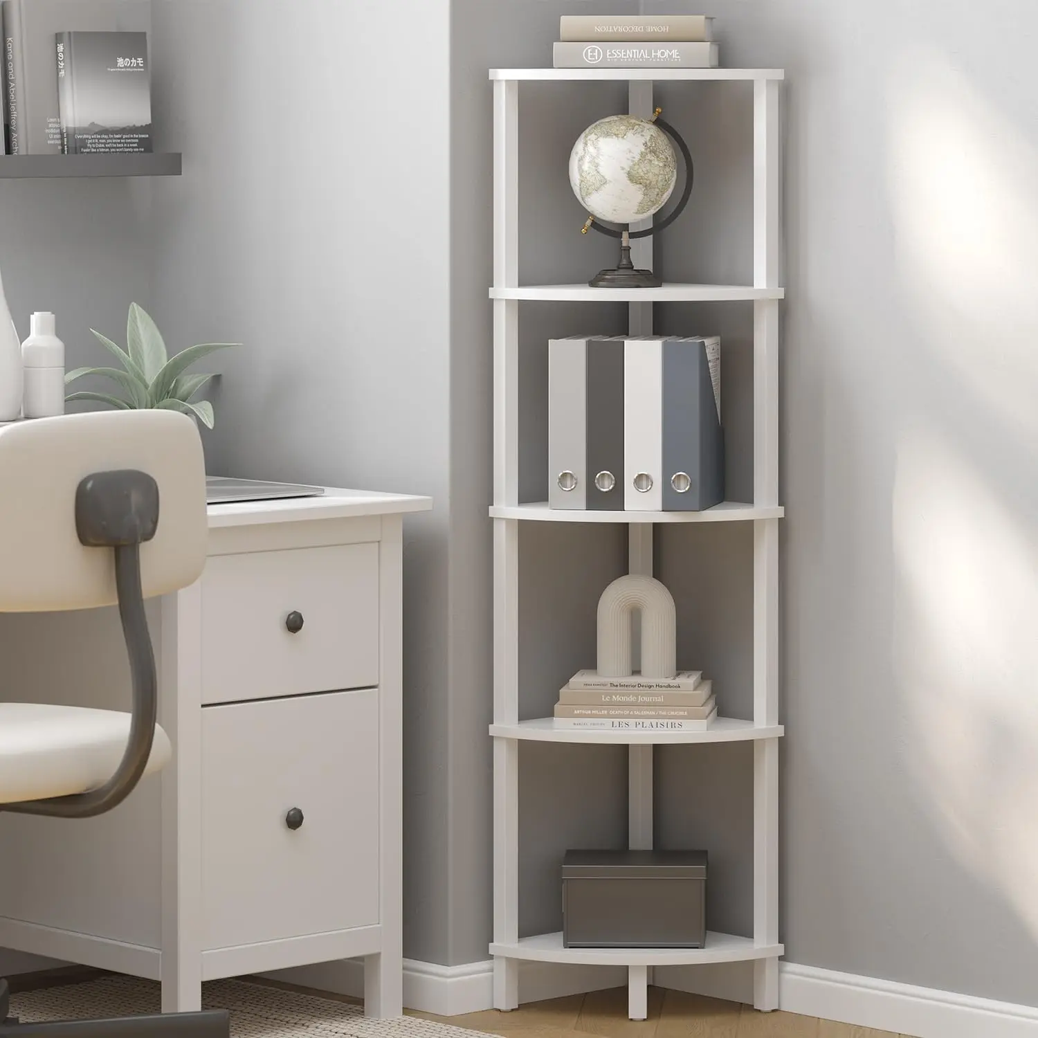 Corner Shelf, 5-Tier Corner Bookshelf, Industrial Corner Ladder Shelf, Modern Display Shelf for Living Room, Bedroom, Kitchen,  Office, White UJSJ001W