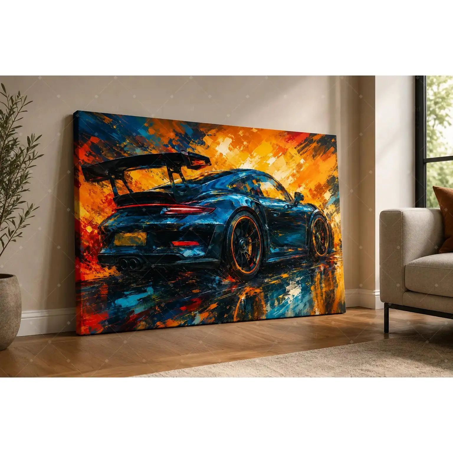 Glossy Retro Minimalist Sporty Abstract Brushstroke Dark Blue Vehicles Poster Print, Vibrant Orange-Red Splash Wall Art for Men’s Lounge Garage, Unframed or Framed Wrap Home Decor Gift for Car Enthusiasts, Gaming