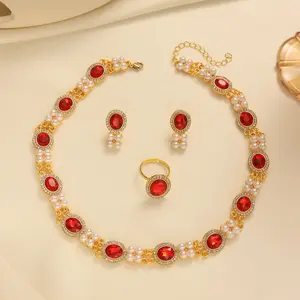 3-Piece Full Rhinestone Costume Jewelry Set - Luxury Fashion Necklace, Earrings, Ring Birthday Gift Accessory