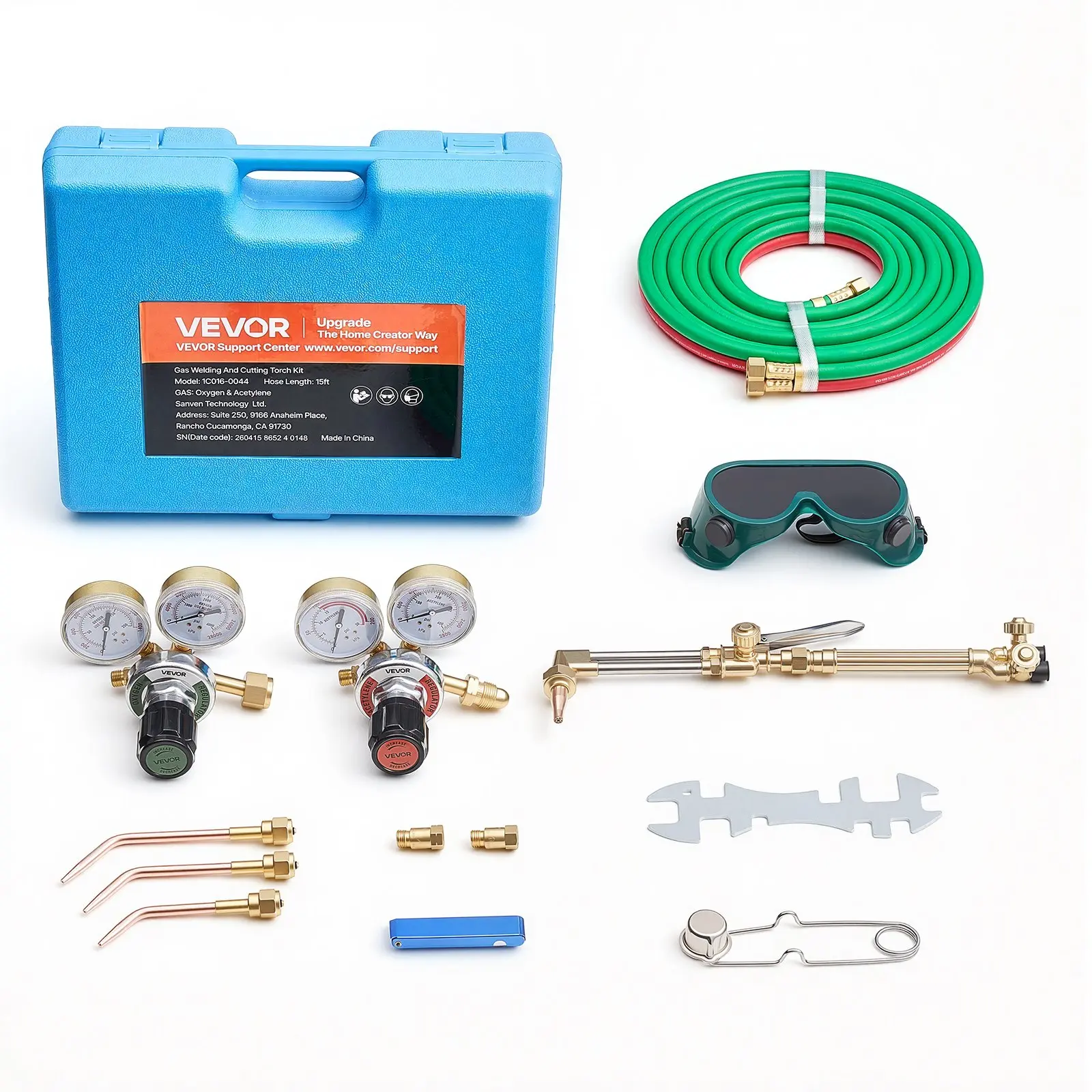 VEVOR Oxygen Acetylene Torch Kit with Check Valves, Gas Welding Cutting Torch Kit, Portable Oxy Acetylene Brazing Set with 15FT Twin-Hose, 1 Cutting Tip, 3 Welding Tips, 2 Gas Regulators & Toolbox