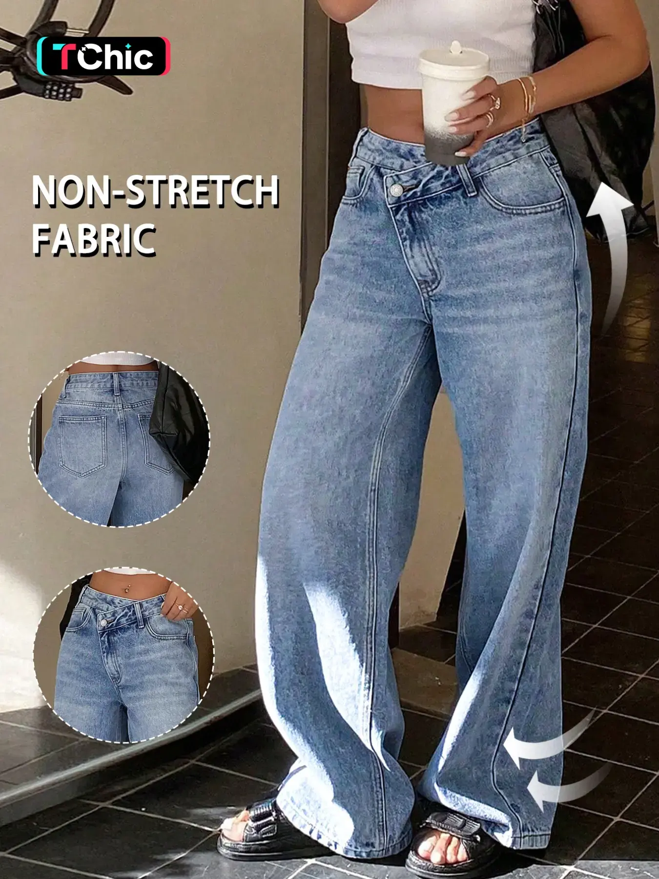 GILIPUR Women's Light Blue Washed Crisscross Waist Wide Leg Jeans, Bottoms, Non-Stretch Loose Fit Floor Length Baggy Denim Pants with Classic Pockets, Vintage Streetwear Daily Casual Vacation Outfits for Women TChic