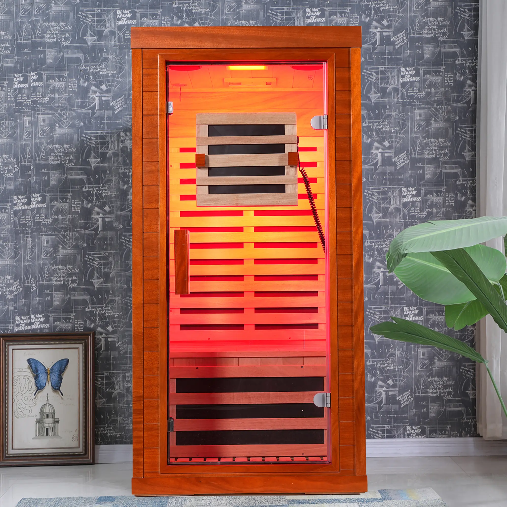 Nokaa One Person Far Infrared Sauna with Bluetooth Music, Red Light Therapy 660nm&850nm, 7-Color Chromotherapy, Low EMF Carbon Fiber Panels, Solid Okoume Wood, Natural Finish, 31.5x31.5x63.3 Inch Indoor Home Spa