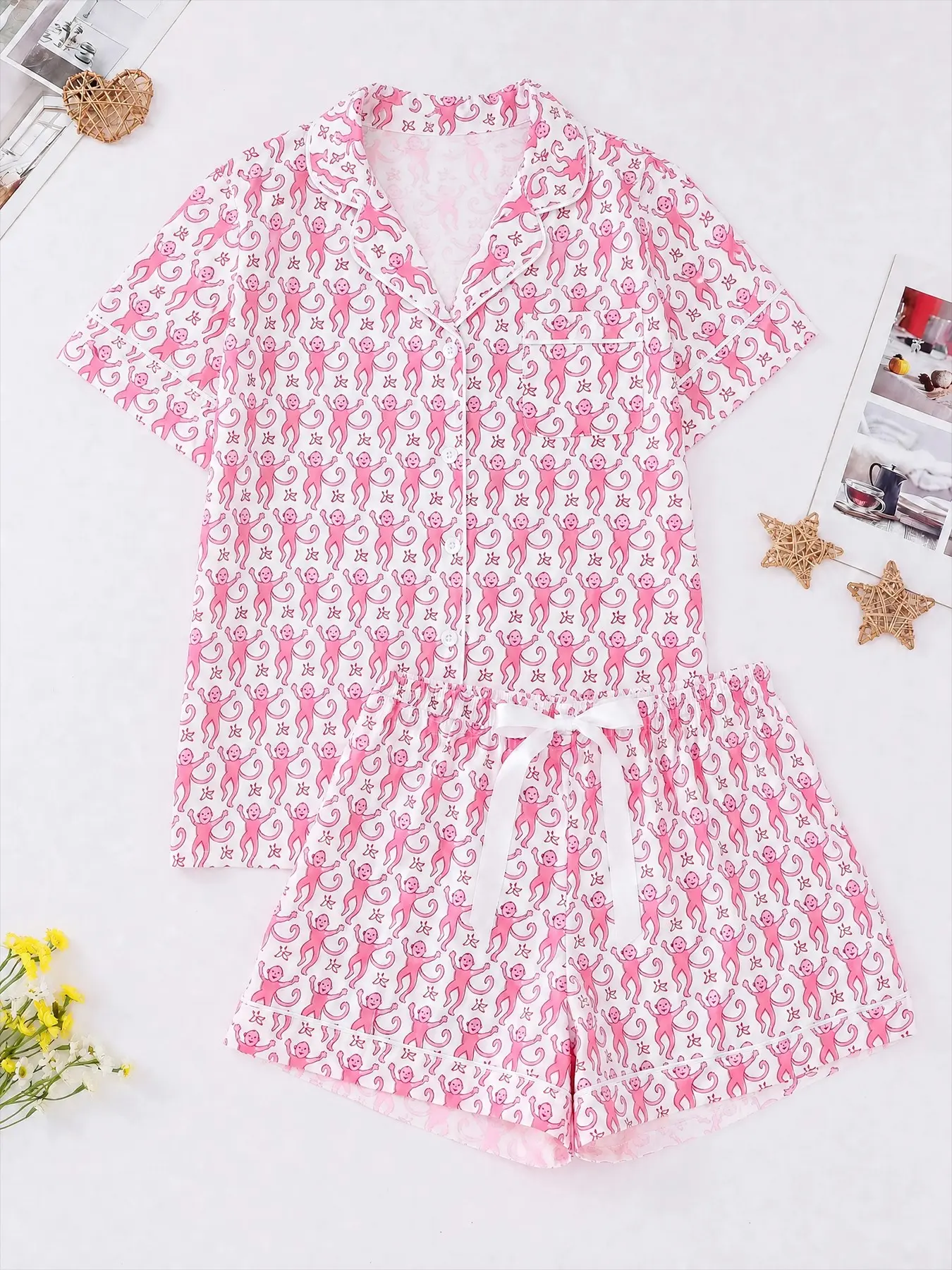 Women Cute Monkey Print Pajamas, Pajama Set, Notched Lapel Short Sleeve Shirt, Chest Pocket, Elastic Waist, Soft Fabric, Casual Loungewear, Multi Colors, Cartoon Print Sleepwear