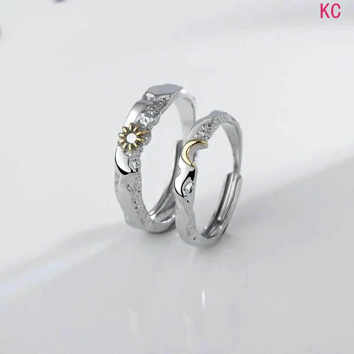 2Pcs Silver Sun And Moon Couple Stackable Ring Set, Open Adjustable Bands With Artificial Gemstones For Daily Index Finger Matching Jewelry