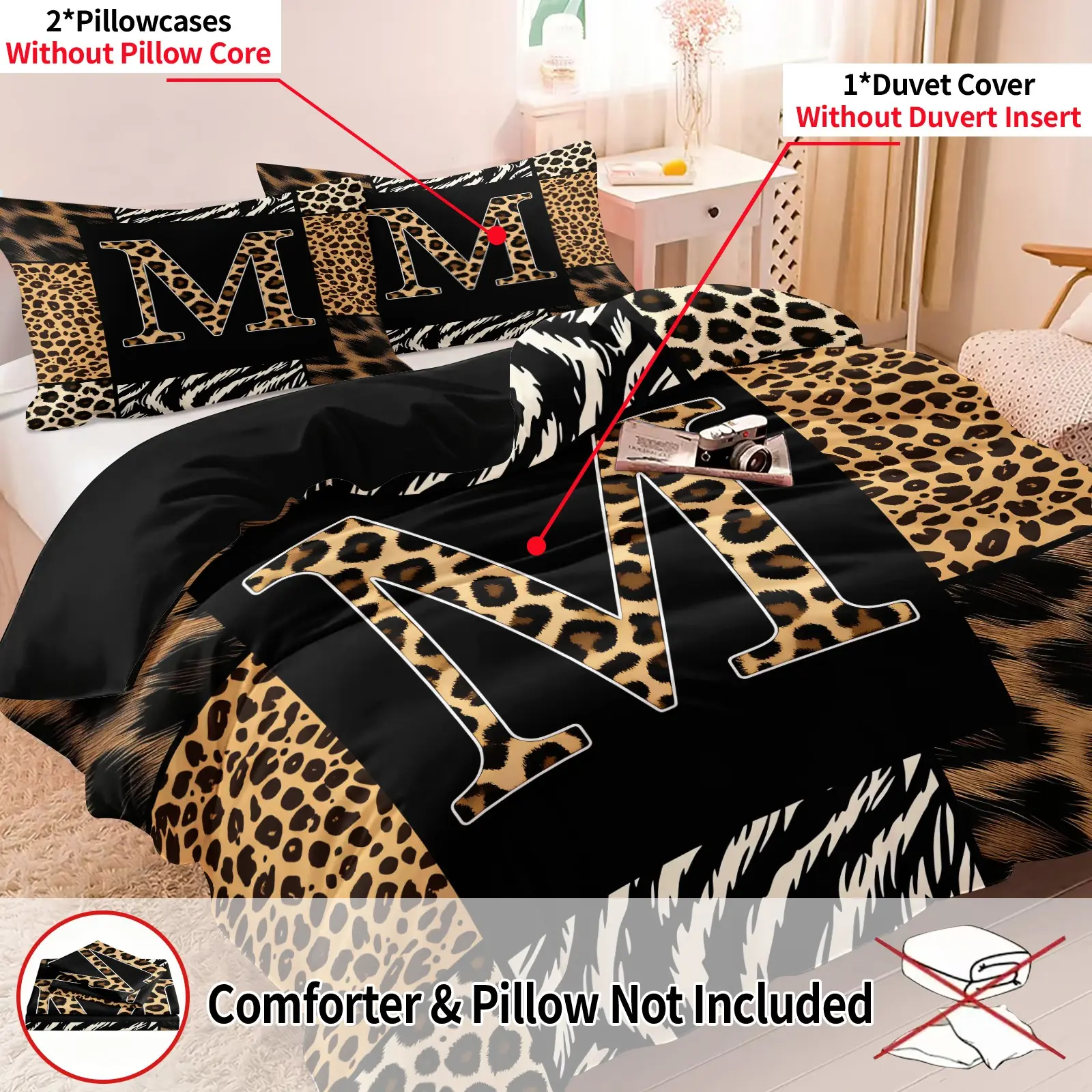 3Pcs Letter M Animal Print Bedding Set, 1 Duvet Cover + 2 Pillowcases, Soft, Comfortable & Breathable Fabric, Leopard Zebra Patchwork, Hidden Zipper Quilt Cover. Unique Monogram Design, Great Decor & Gift For Her