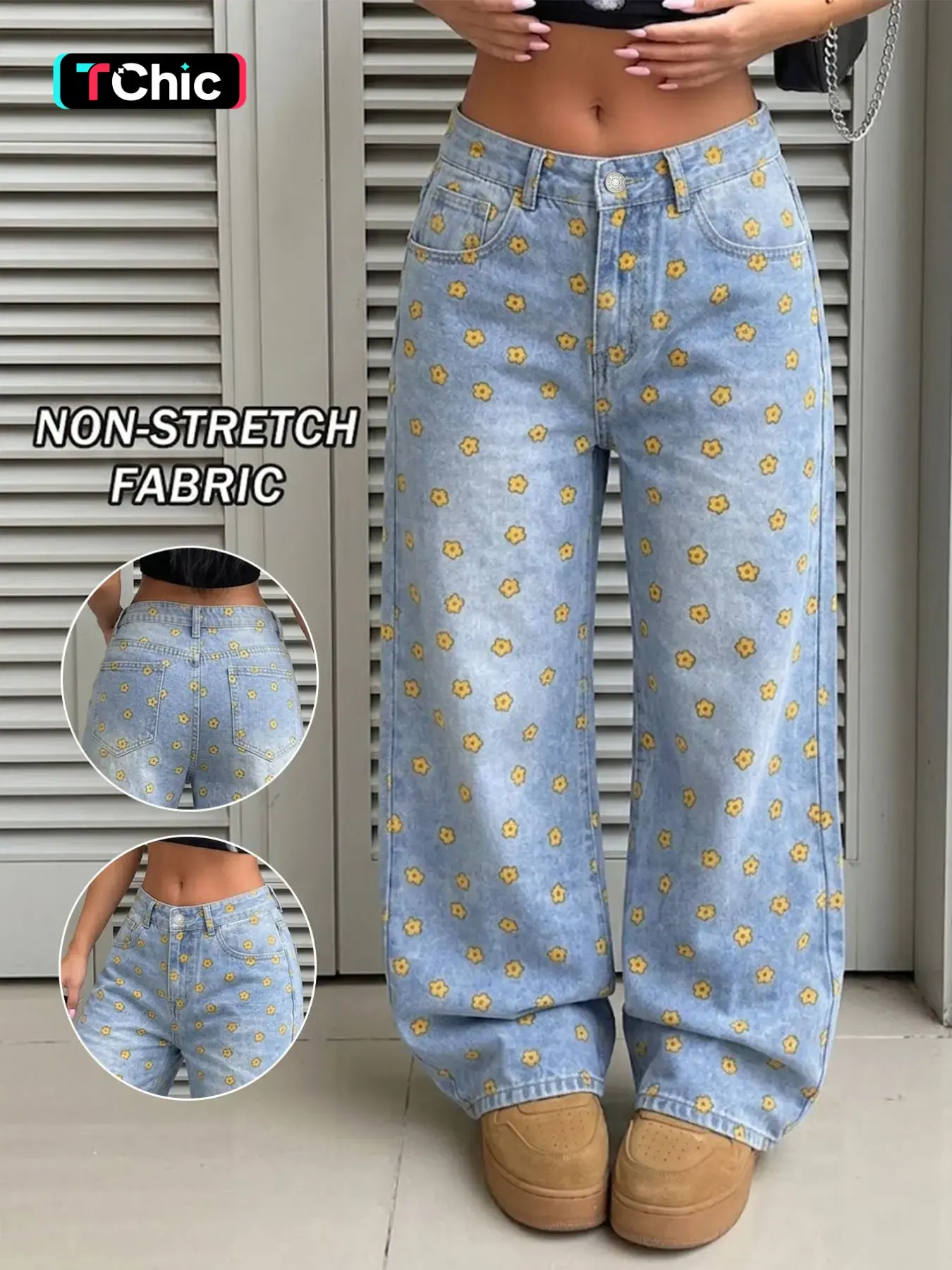 GILIPUR Women's Light Blue Washed Mid Waist Wide Leg Floral Jeans, Allover Yellow Daisy Flower Print Loose Floor Length Denim Pants with Pockets, Cottagecore Vintage Casual Daily Vacation Outfits for Women TChic