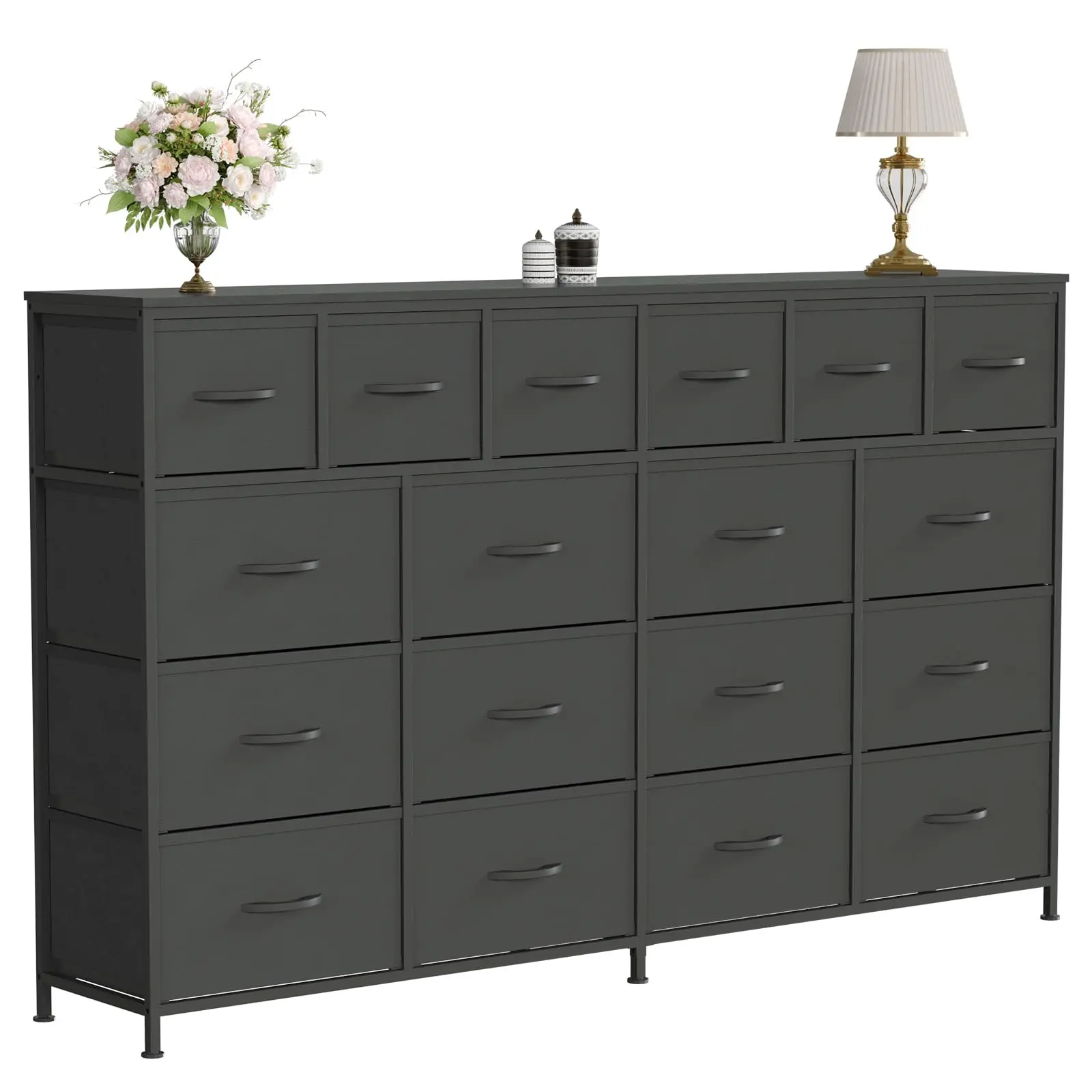 Garvee 63"W Bedroom Dresser with 18 Fabric Drawers, Charging Station, Steel Frame, Wood Top, Large Sturdy Storage, Dimensions 63"W x 39"H x 11.8"D, Black Finish