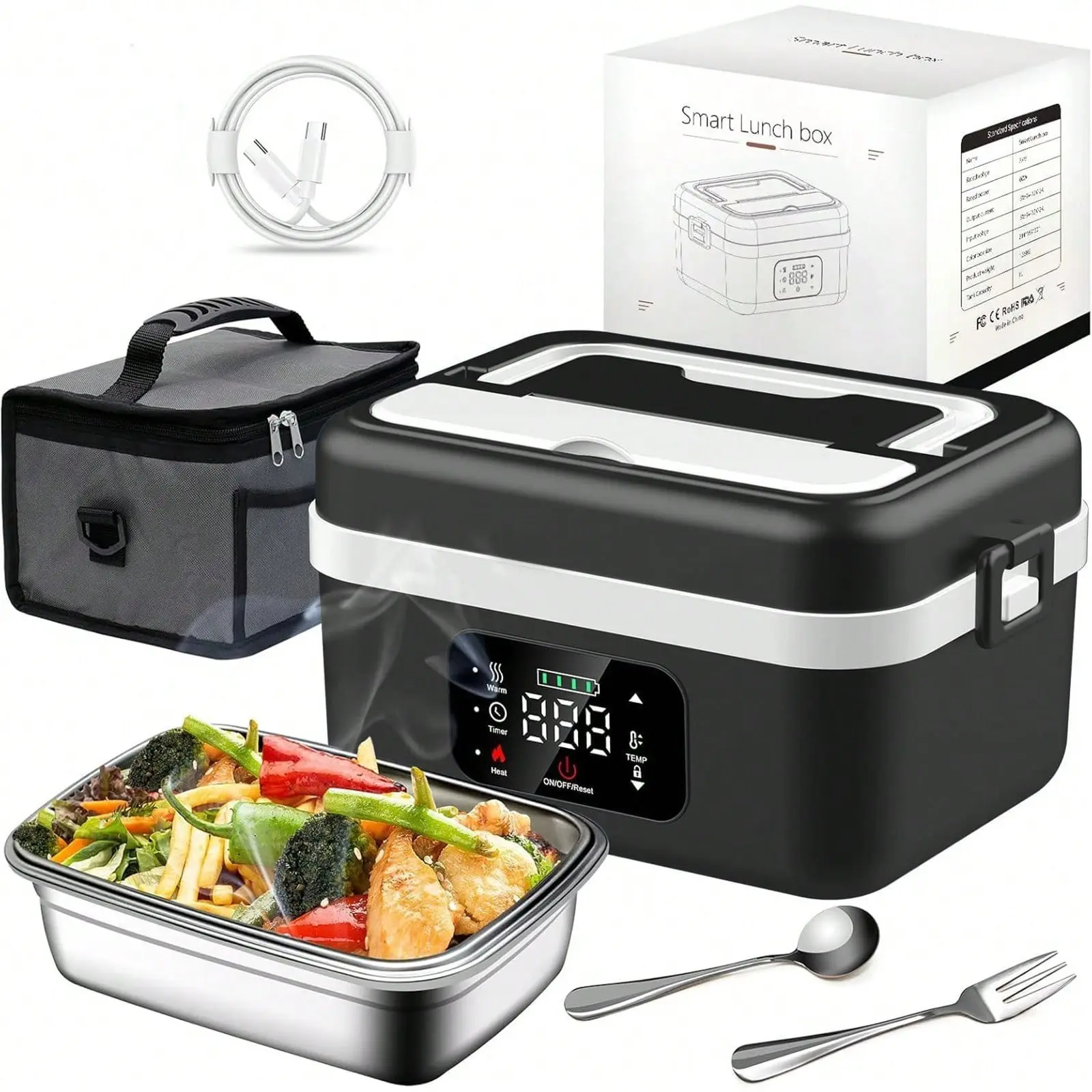 Portable Heated Lunch Box, Cordless Heated Lunchbox, 1L Stainless Steel Container, 8000mah Battery Powered, Ideal for Home, Car, Work, School, Camping, Unisex Gift