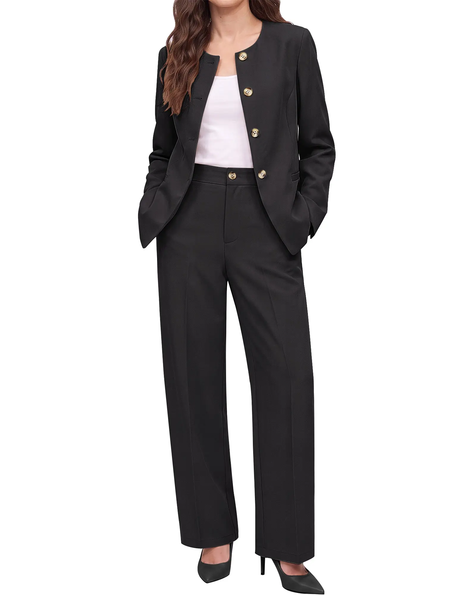 luvamia Pants Suits for Women Dressy 2 Piece Sets Business Casual Outfits | Long Sleeve Collarless Blazers, Elastic Waist Wide Leg Pants, Adjustable Back Buckle‌, Professional Work Office Pantsuits