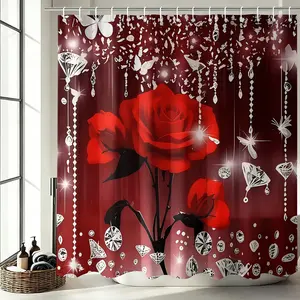 Blooming Red Roses & Diamonds Butterflies Jewelry Shower Curtain-Waterproof Anti-Mold Oxford Machine Washable-Includes 12 Hooks Nodrill Easy Installation for Home & Hotel Bathrooms-Luxury Romantic Style Home Decor