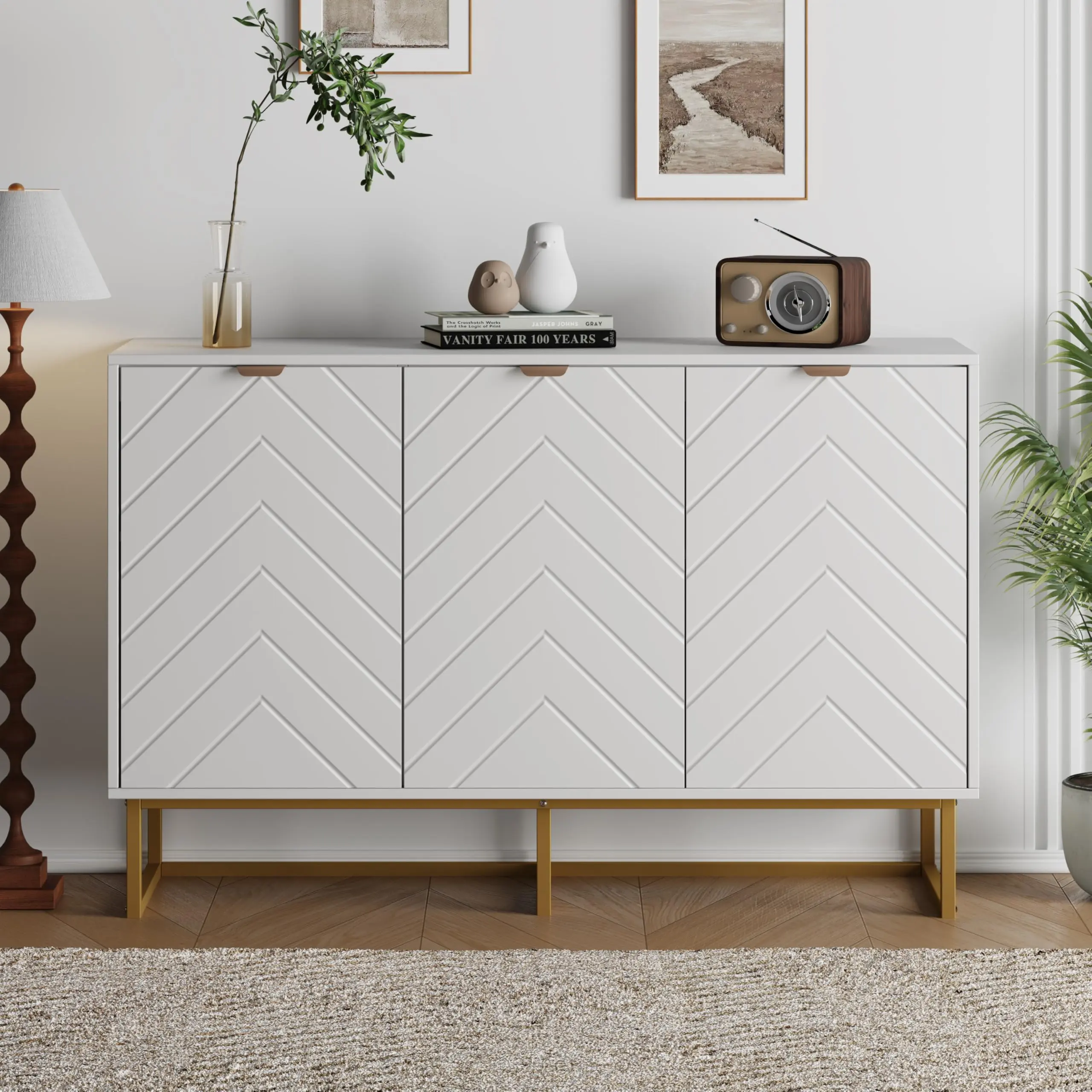 Garvee - Modern 47-Inch Buffet Closet with Storage, Wooden Storage Closet with Doors and Shelf, Console Table Credenza for Dining Room, Living Room, Entryway, White Color