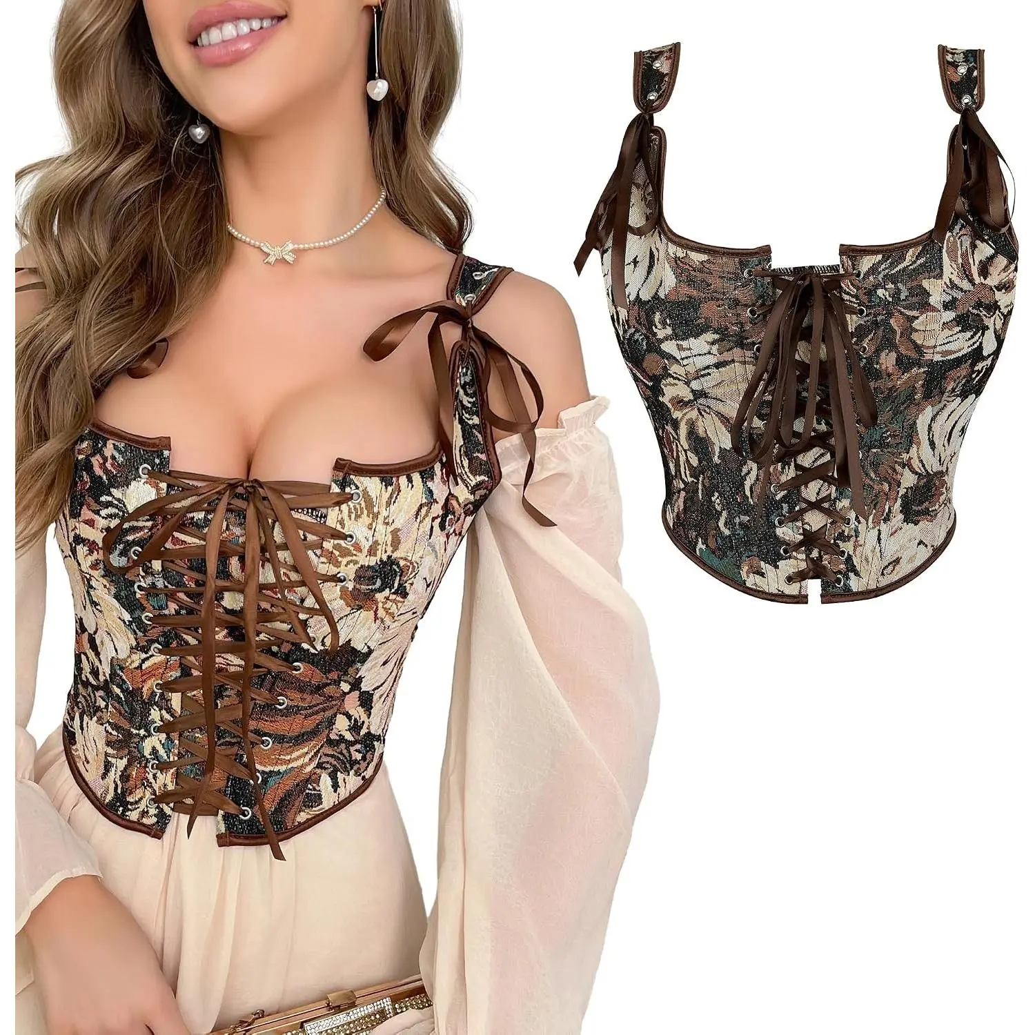 Women's Renaissance Floral Overbust Corset Top Vintage Lace-Up Boned Push-Up Bustier Crop Top with Straps for Going Out, Medieval Ren Faire, Fairy, Halloween(Gift)