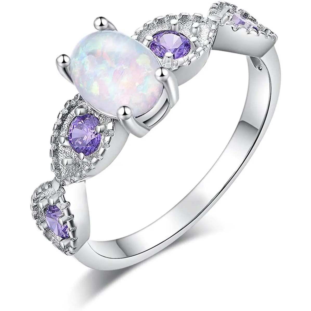 18K Gold Plated Opal Ring-White Fire Opal & Amethyst & Cubic Zirconia Women Jewelry Gemstone Engagement Anniversary Ring Size 5-13