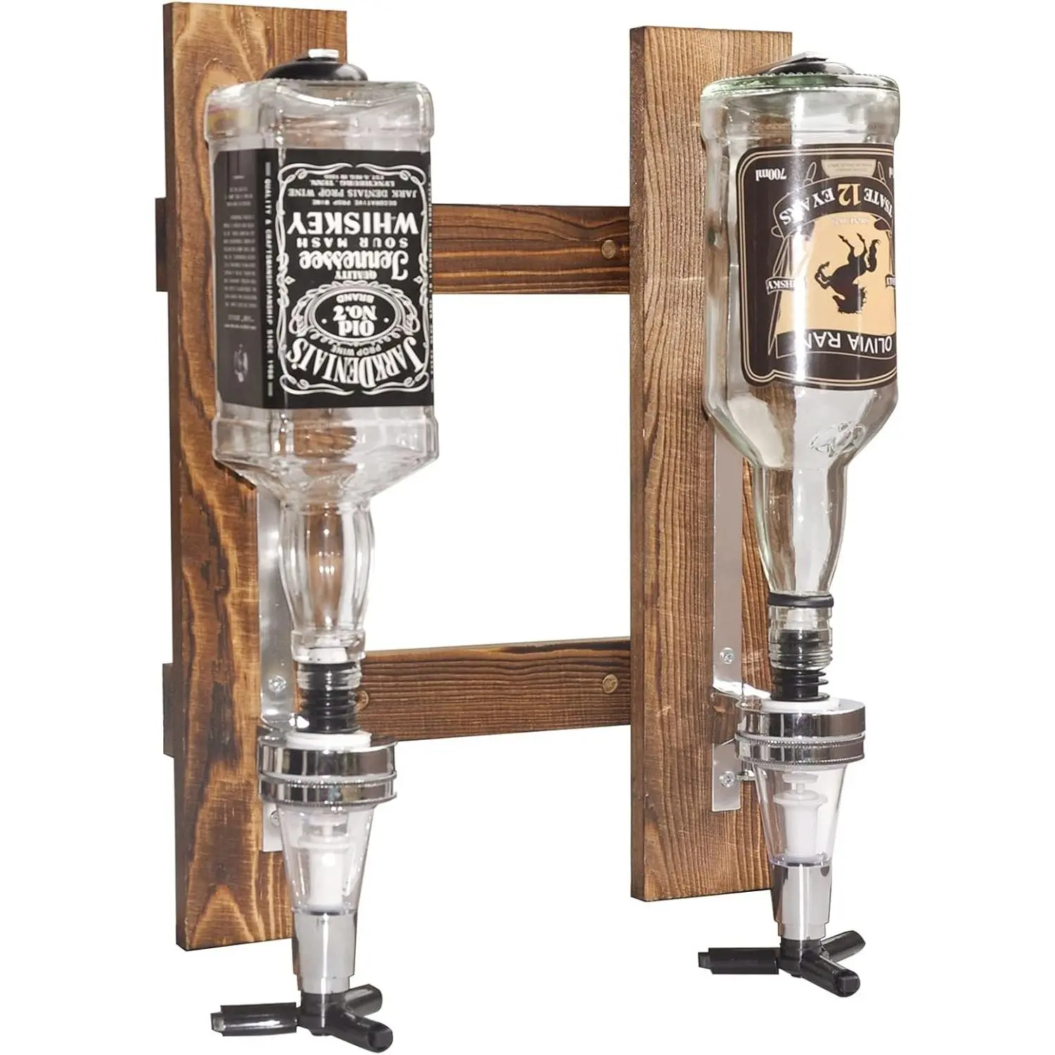 2-Bottle Wall Mounted Liquor Dispenser, Wooden Wall Shelf for Home Bar, Glass Drink Dispenser for Parties