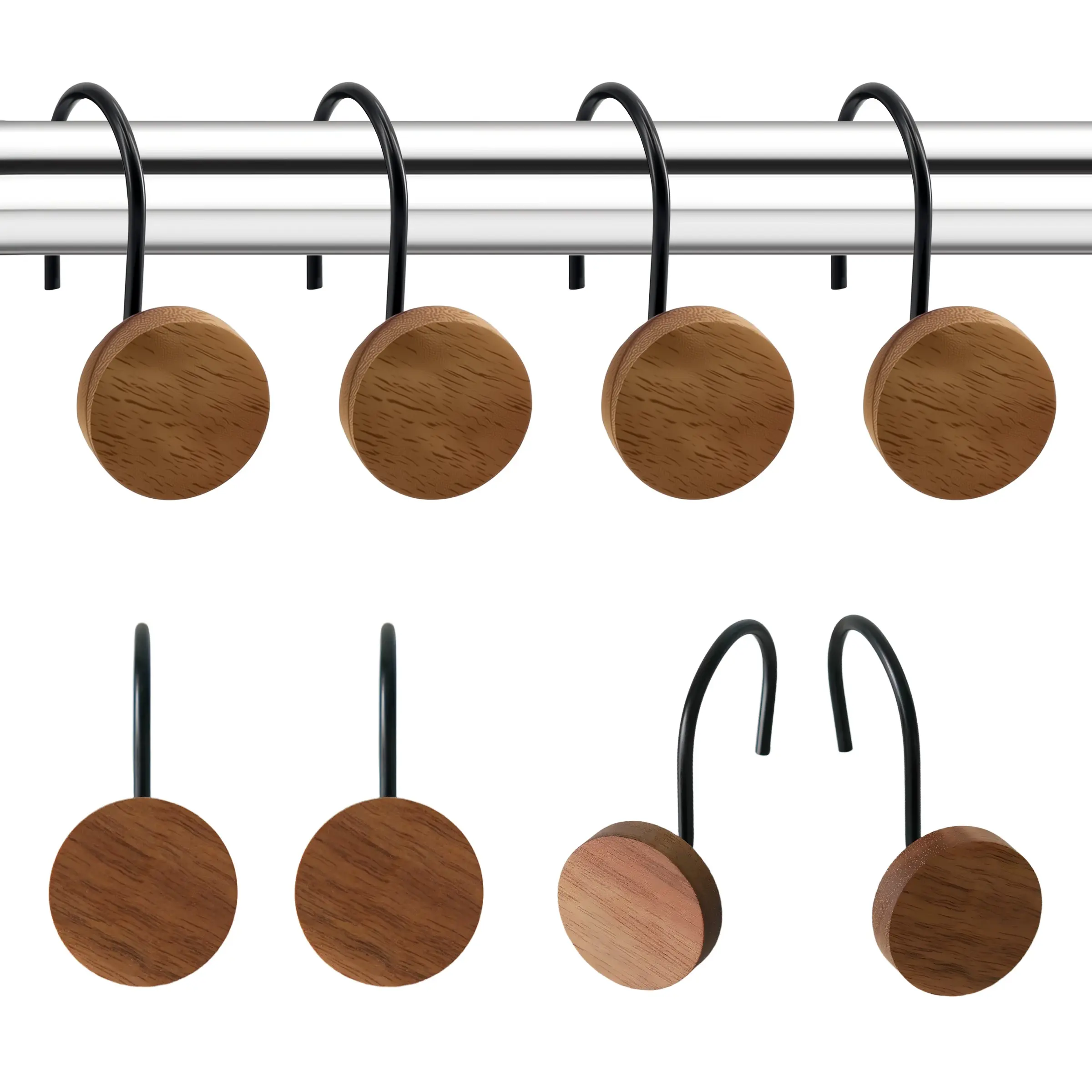 12-Piece Round Wood Shower Curtain Hooks, Bohemian Style Metal Hooks, Waterproof, Rust-Resistant, Reusable, Bathroom Accessories