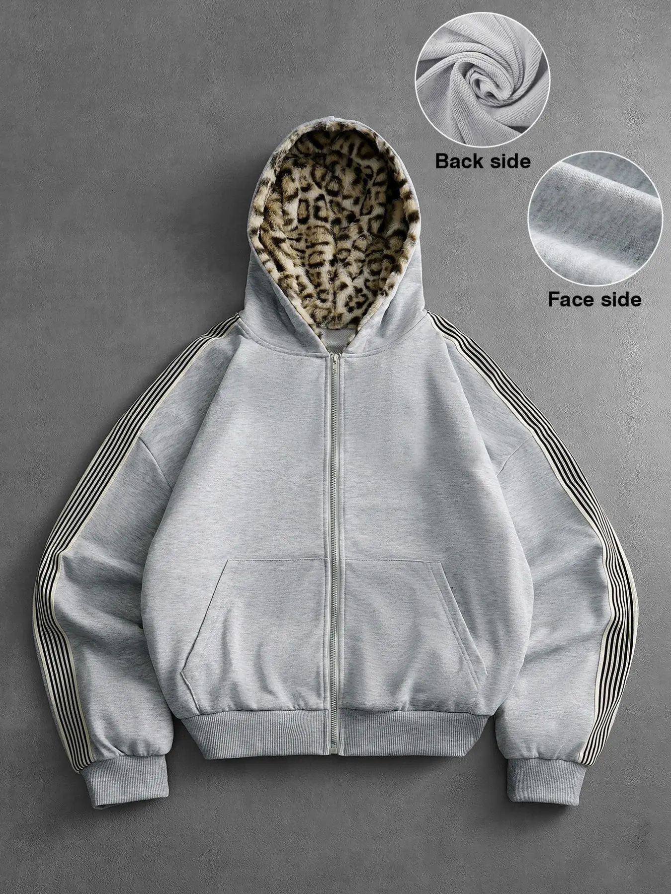 Cozy Casual Zip Up Hoodie Outerwear (with Cheetah Faux Fur Lined Hood & Athletic Striped Sleeves) – Loose Fit Fleece Sweatshirt Jacket with Pockets