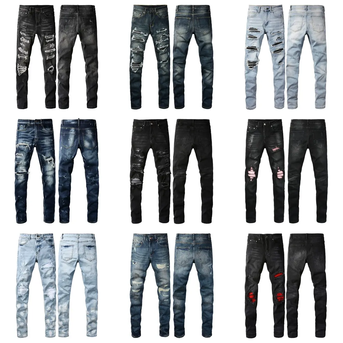 Men Bandana Patch Denim Biker Jeans Streetwear Holes Ripped Pleated Patchwork Black Pants High Stretch Skinny Tapered Trousers