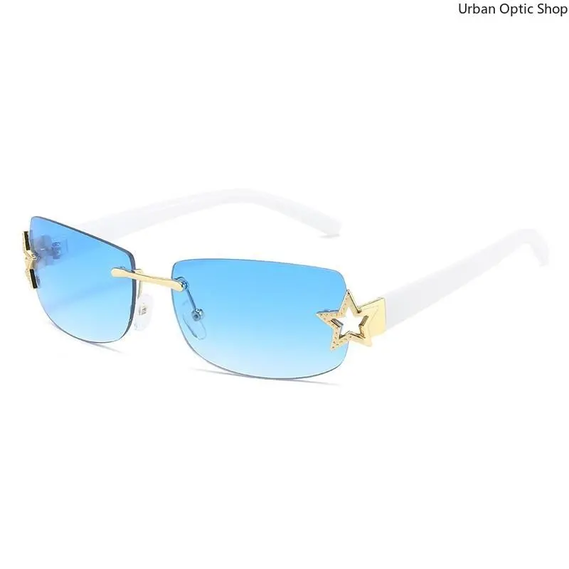 Women's Y2K Retro Rimless Rectangle Sunglasses, Temples Adorned with Hollow Gold Star Ornaments, Gradient Blue UV400 Lenses, Lightweight Chic Fashion Eyewear for Daily Street Style, Parties, Beach Vacations, Music Festivals and Outdoor Activities