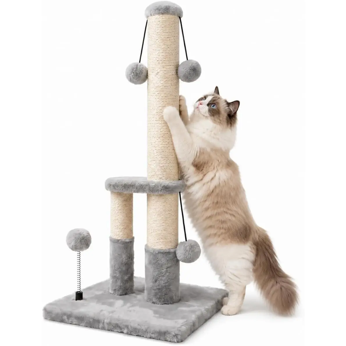 Tall Cat Scratching Post - Extra Stable Cat Tree with Double Lower Posts, Sisal Rope, 4 Tease Balls, and Large Grey Base