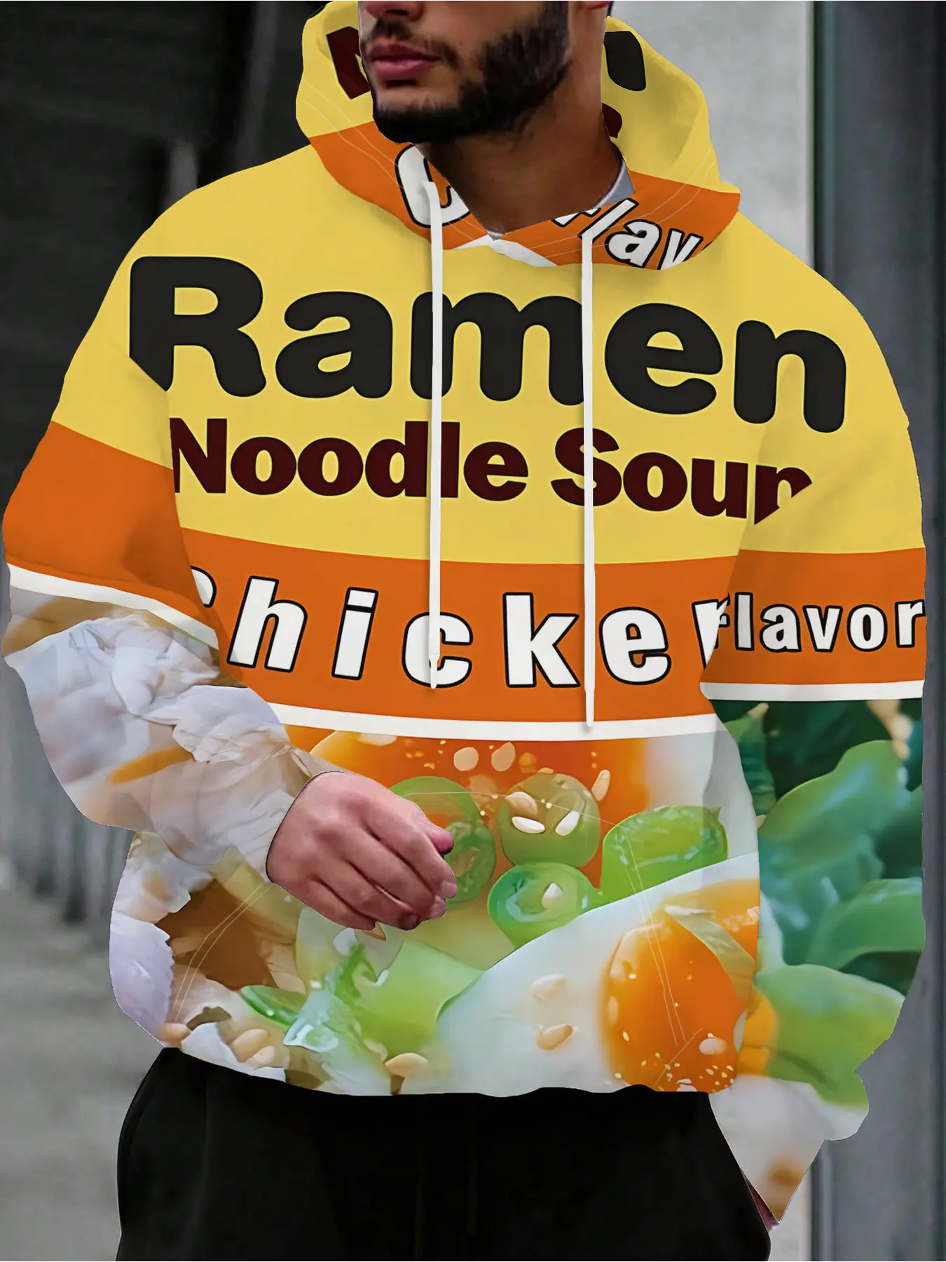A Man Is Wearing A Hoodie Casual Long Sleeve Sweatshirt Featuring The Words 'Ramen Noodle Soup' Along With Some Food Graphics