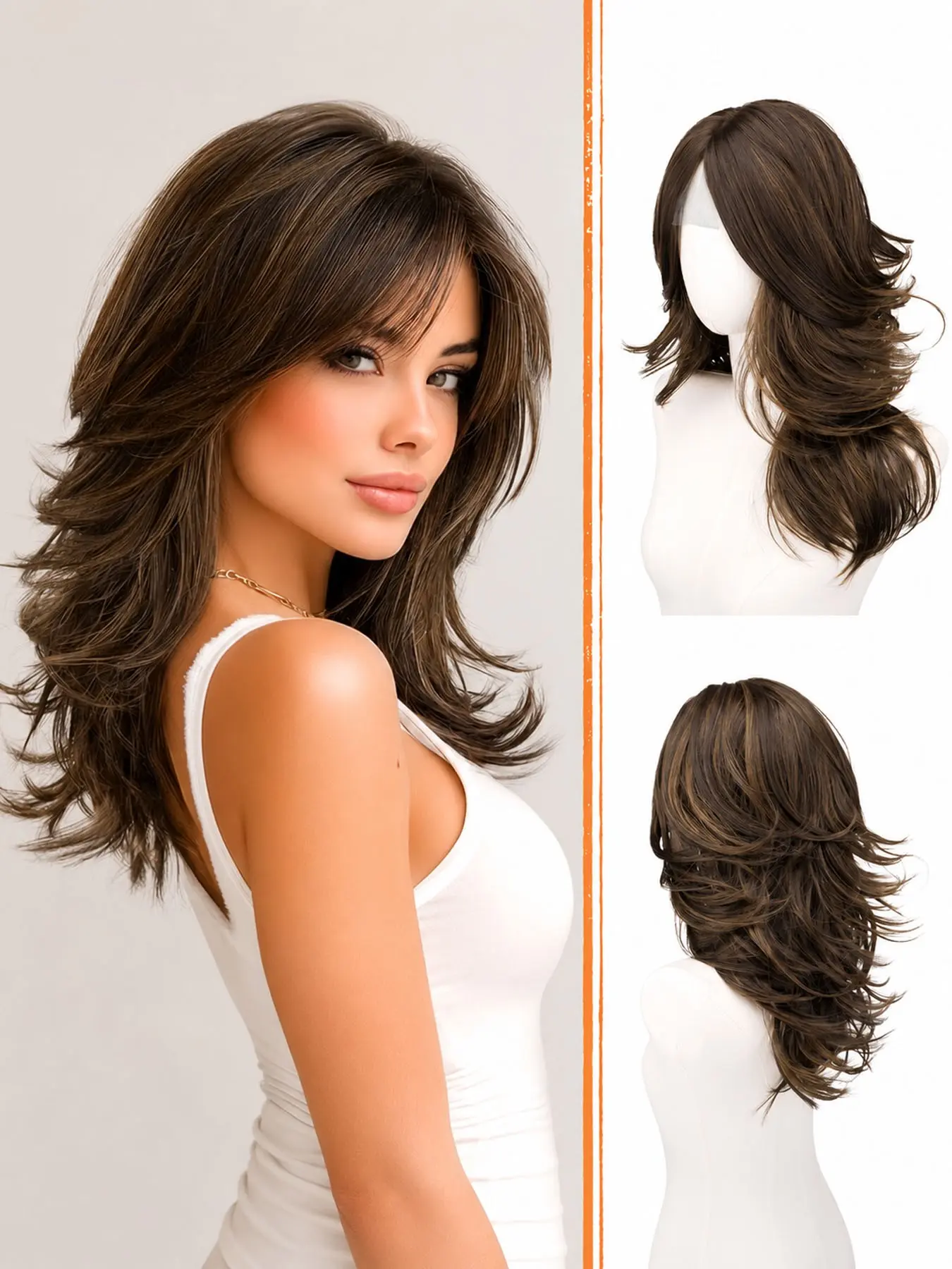 Brown Layered Wigs with Curtain Bangs Lace Front Hairline Long Wavy Natural Looking Middle Part Synthetic Hair Wig for Women Daily Party Costume, 20 Inch Brown with Highlights