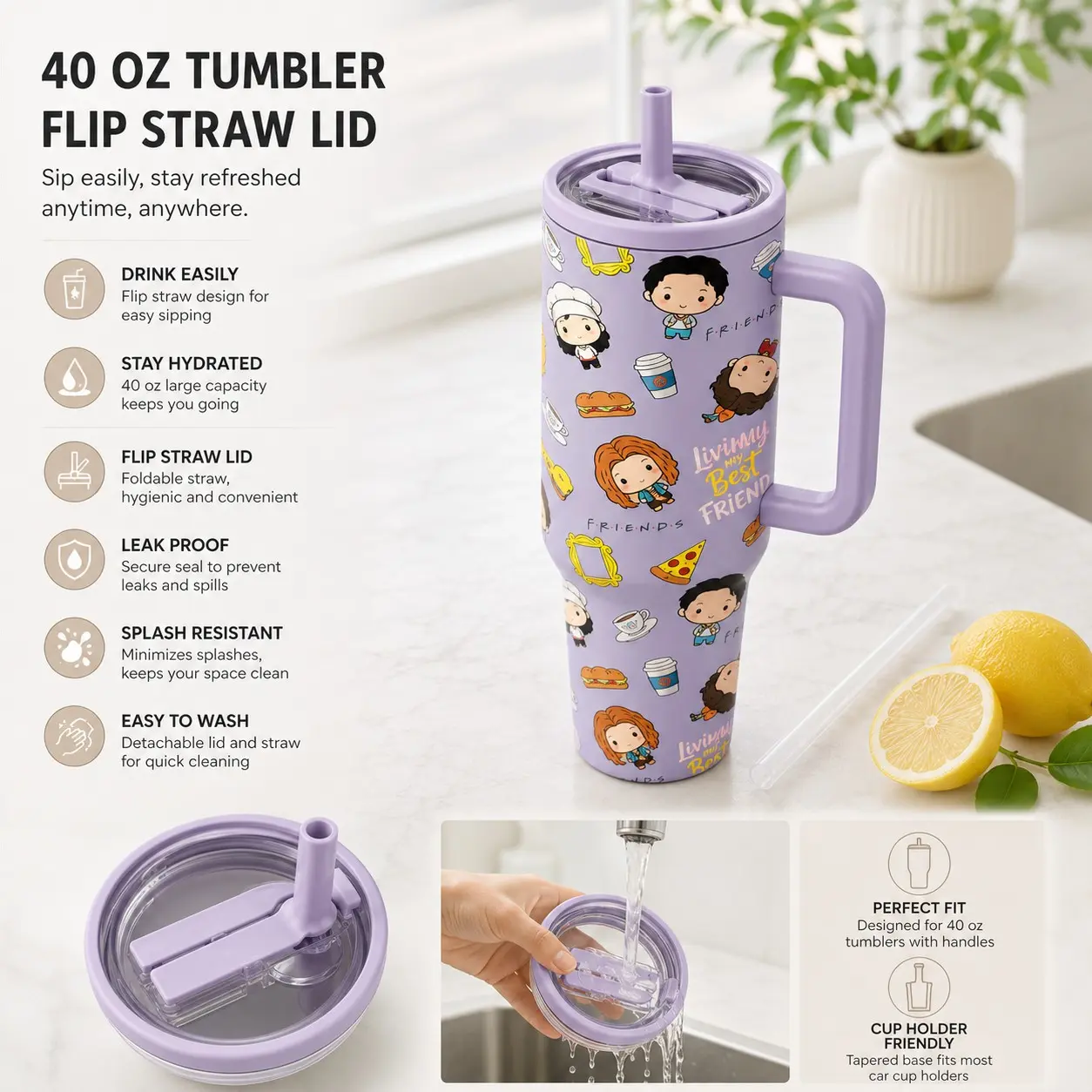 40oz Friends TV Show Cartoon Insulated Coffee Tumbler, Double Wall Vacuum, Leakproof Lid, Straw, Stainless Steel, Keeps Hot 12h Cold 24h, Drinkware, Flasks, Insulated Tumblers