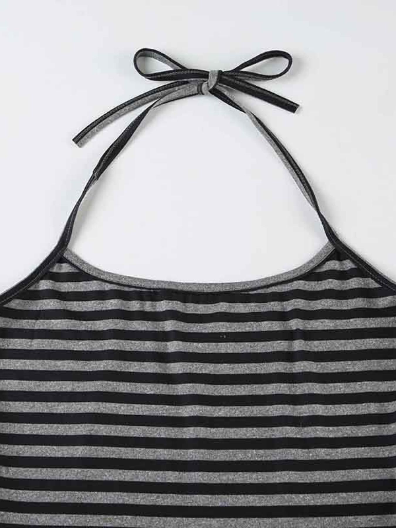 Women's Striped Print Halter Neck Tie Back Top & Shorts Two-piece Set, Casual Fashion Cozy Breathable Two Piece Outfits for Daily Wear, Ladies Clothes for All Seasons