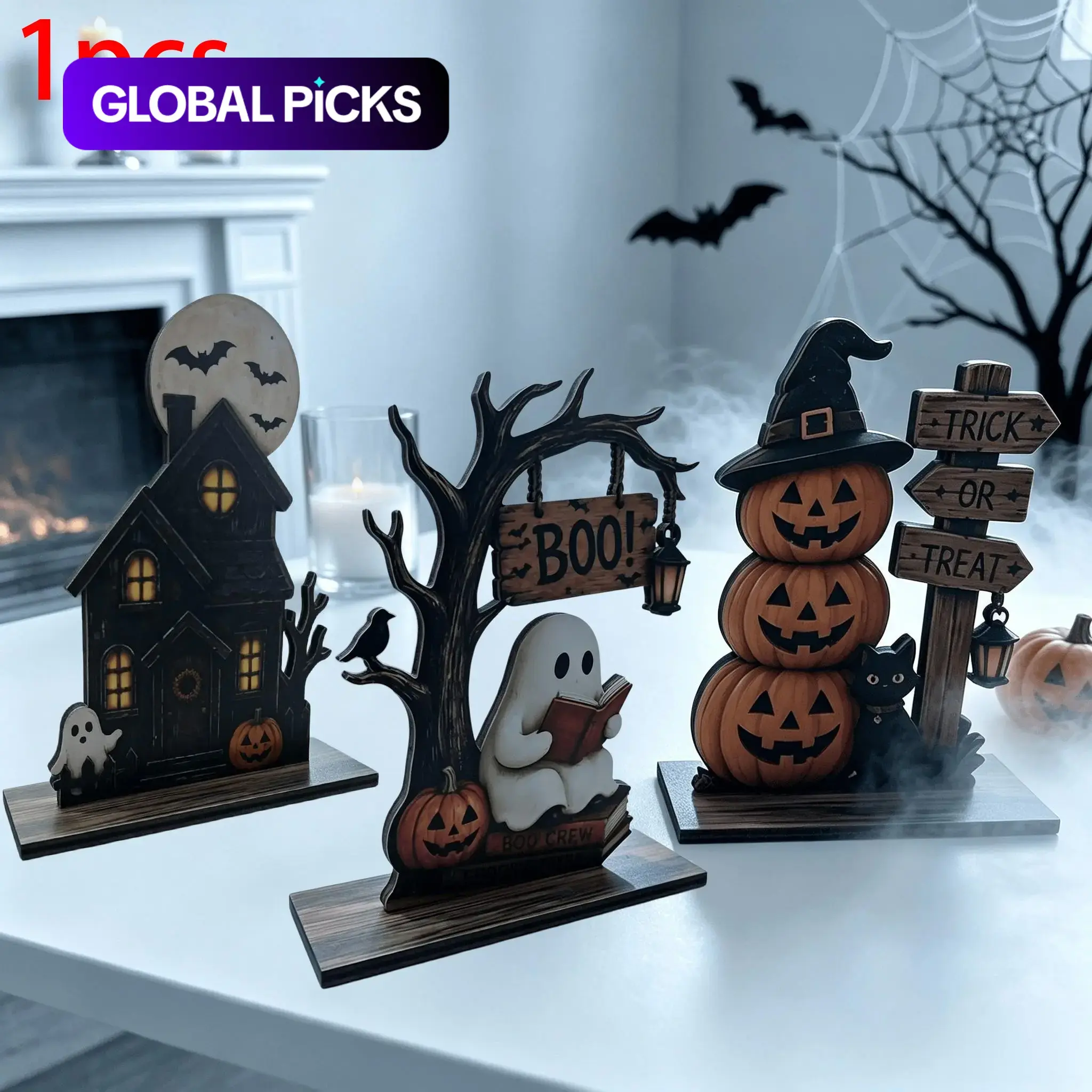 Halloween Layered Tray Decor Set, Ghost and Pumpkin Wooden Shelf Decor, Horror House Desk Decor, Rustic Fall Home Decor, Halloween Centerpiece, Cute Ghost Gift, Festive Decoration