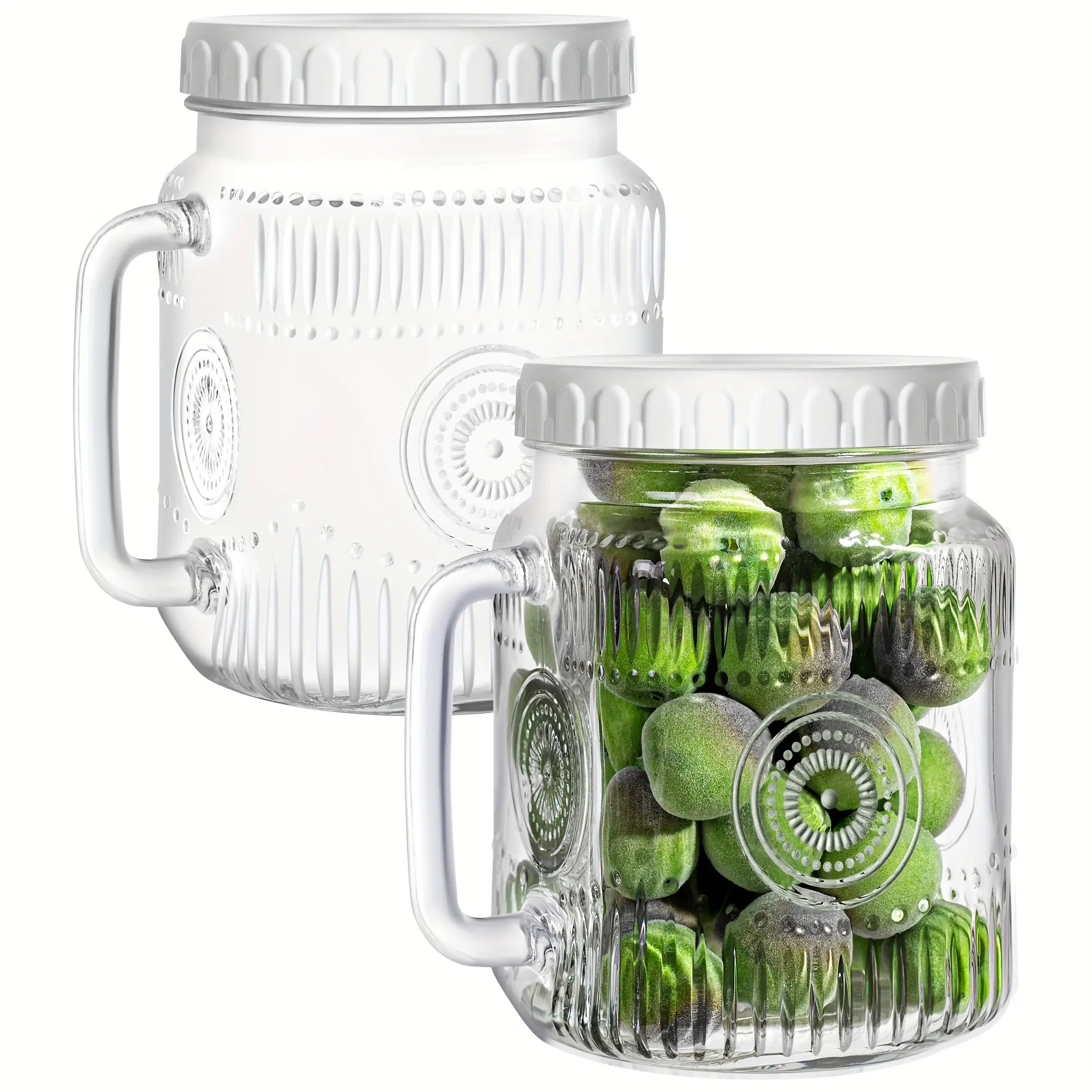 2-Piece Kitchen Glass Vintage Wide Mouth Mason Jars (74 oz) with Handle, Airtight Utility Storage Containers, Easy-Grip Handle, Scale Marks, Easy Filling & Cleaning for Sugar, Flour, Fridge Drinks