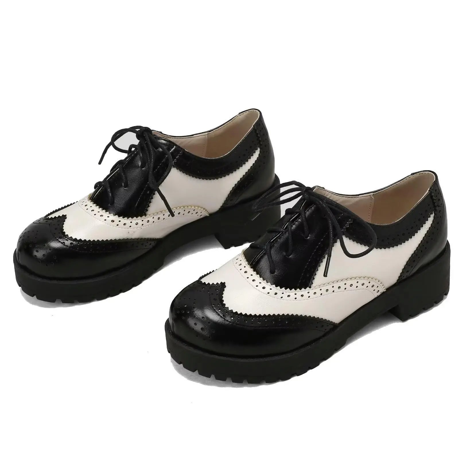 Women's Vintage Lace-Up Wingtip Oxford Shoes - Chunky Heel, Platform, Round Toe, Brogue Detail, Party Wear, Rubber Sole