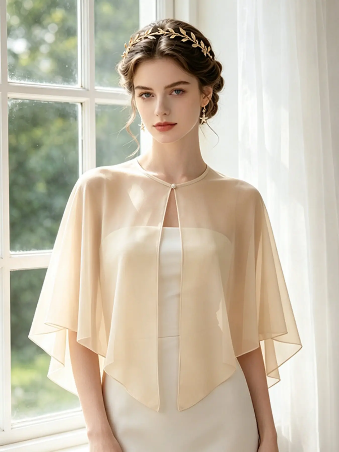 Simple Solid Color Lightweight Chiffon Outerwear, One Button Round Neck Arm Covering Dress Cape, Elegant Small Shawl for Formal Occasions Elegance
