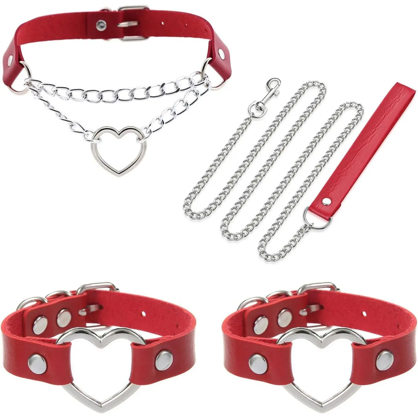 Multicolor PU Simulated Leather Black/-tone Heart Ring with Detachable Chain Leash  Choker Necklace and Bracelet Set