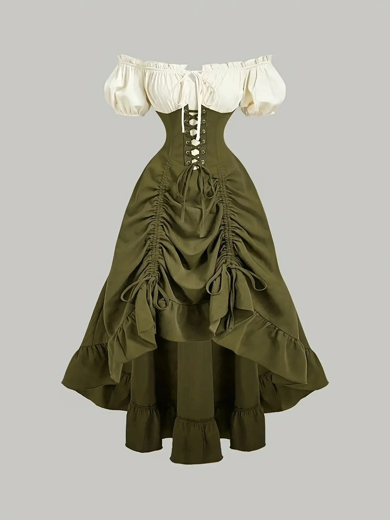 Vintage Colorblock Square Neck Dress, Bubble Sleeve Waist Cinch A-Line Long Dress, Medieval Countryside Style, Elegant Evening Dress, Perfect for Parties and Holidays