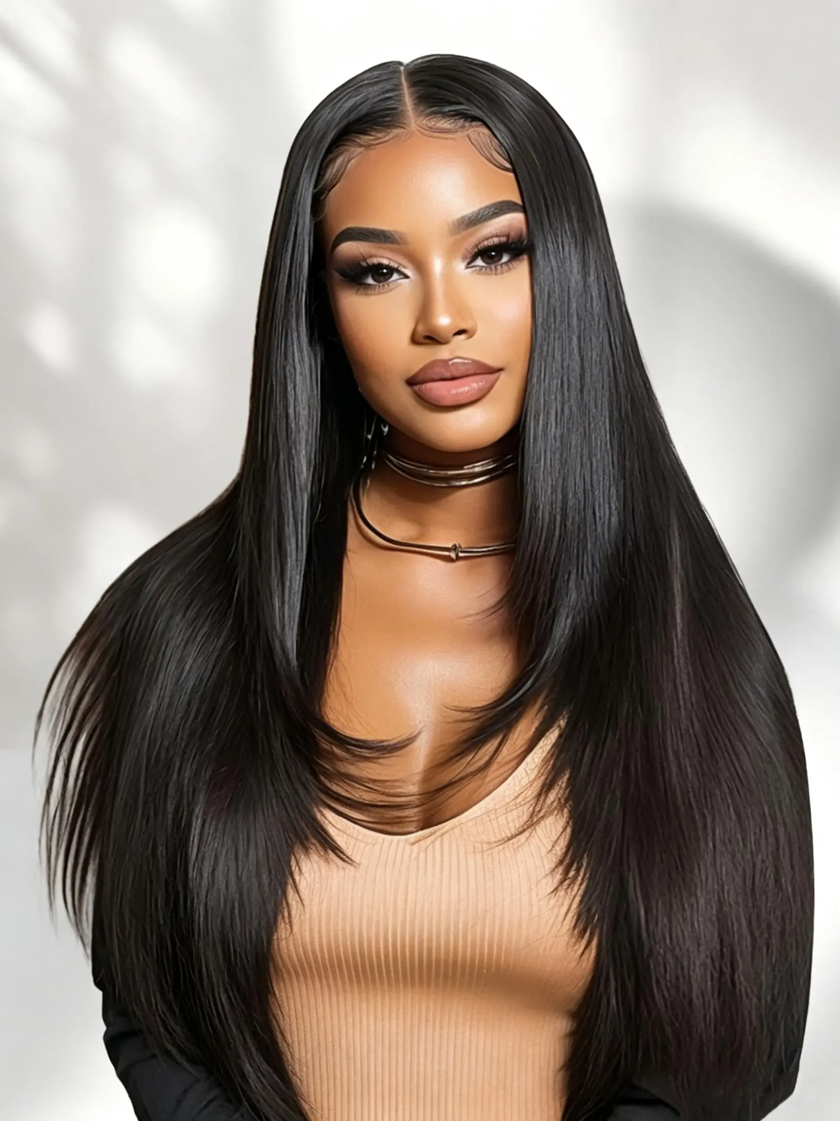 Straight Layered Design 13x4 Lace Front Long Wig Synthetic Hair Pre Plucked 26 Inch Straight 200% Density Natural Black Widow's Peak Lace Frontal Wigs for Women Daily Use Summerwins