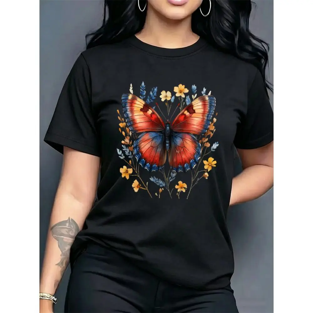 Butterfly Women's Round Neck Short Sleeve T-Shirt with Colorful Butterfly Floral Print, Fresh and Pastoral Style Top, Machine Washable, Breathable, Soft, Loose Fit, Suitable for Various Body Types, Ideal for Daily Shopping, Outdoor Travel, S