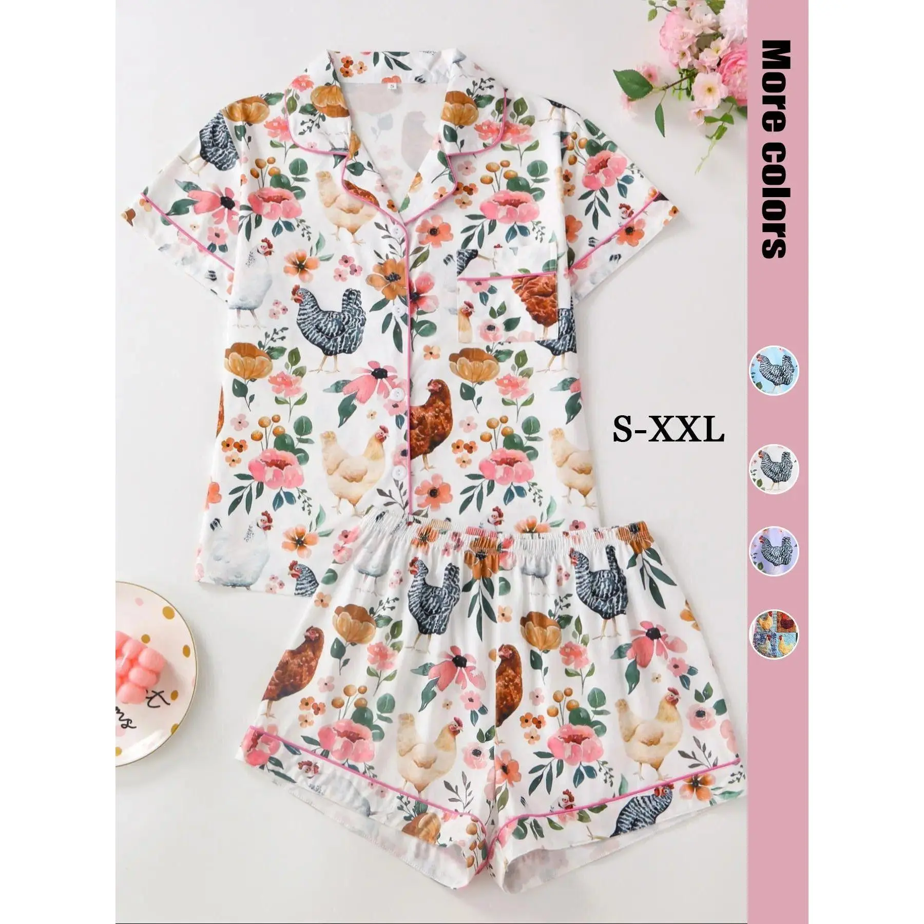 Womens Floral Chicken Print Short Sleeve Pajama Set Two Piece Soft Breathable Sleepwear Loungewear Comfy Nightwear for Home Relaxation Summer Daily Rest