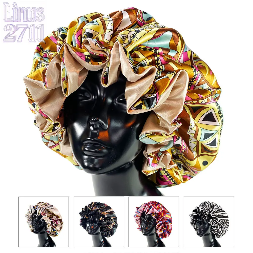 Ethnic Print Double Layer Satin Sleep Bonnet Reversible Ruffled Edge Night Hair Cap Wide Elastic Band Curly Hair Protection Hat